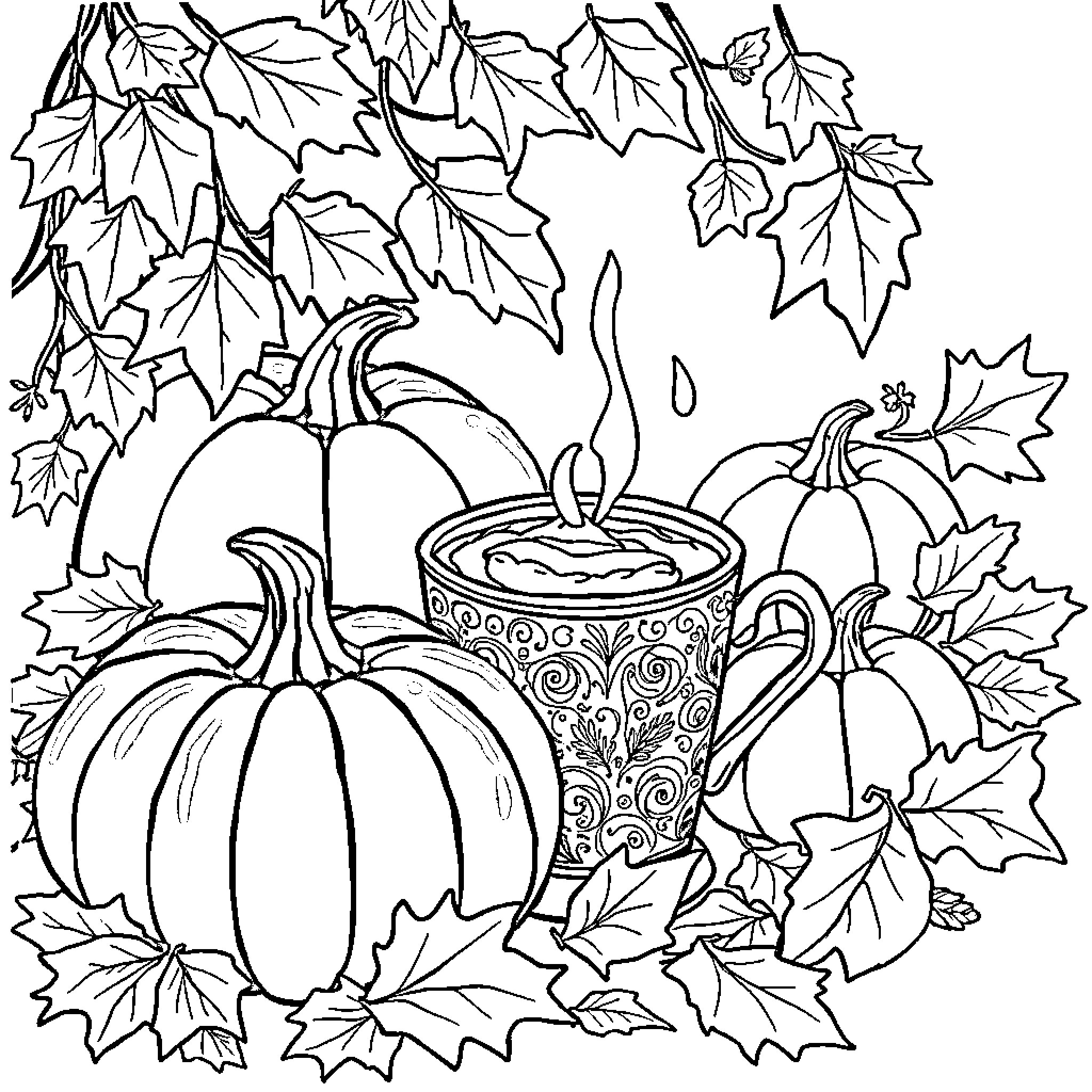 Pumpkins, Leaves, and Cozy Fall Mug Coloring Page (free black-and-white line drawing printable PDF for all, from beginners to advanced learners, including children, teens, adults, and seniors)