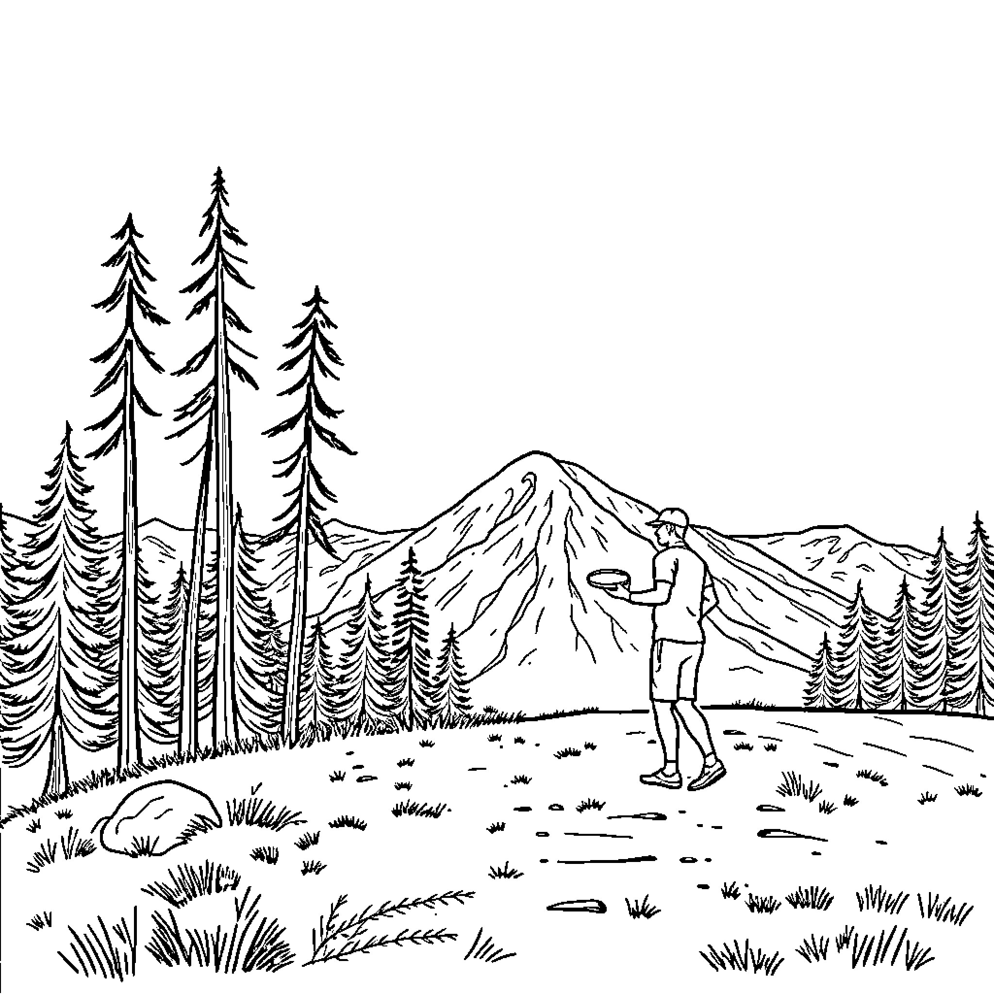 Disc Golf Enthusiasts Enjoying Scenic Mountain Landscape Coloring Page (free black-and-white line drawing printable PDF for all, from beginners to advanced learners, including children, teens, adults, and seniors)
