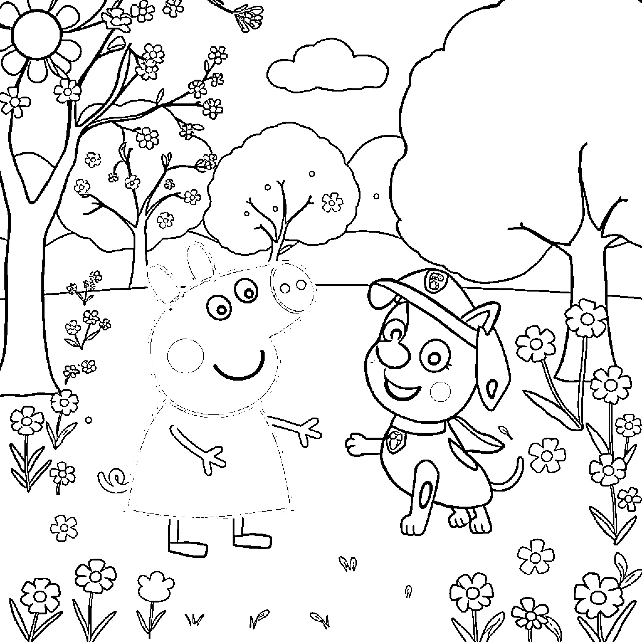 Peppa Pig and friends explore the spring garden Coloring Page (free black-and-white line drawing printable PDF for all, from beginners to advanced learners, including children, teens, adults, and seniors)