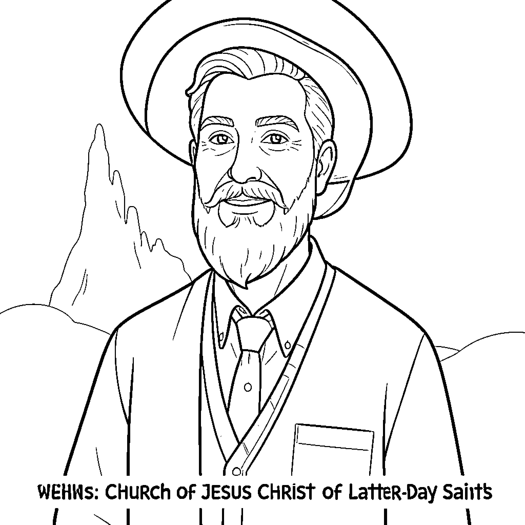 Mormon man with a beard wearing a hat Coloring Page (free black-and-white line drawing printable PDF for all, from beginners to advanced learners, including children, teens, adults, and seniors)