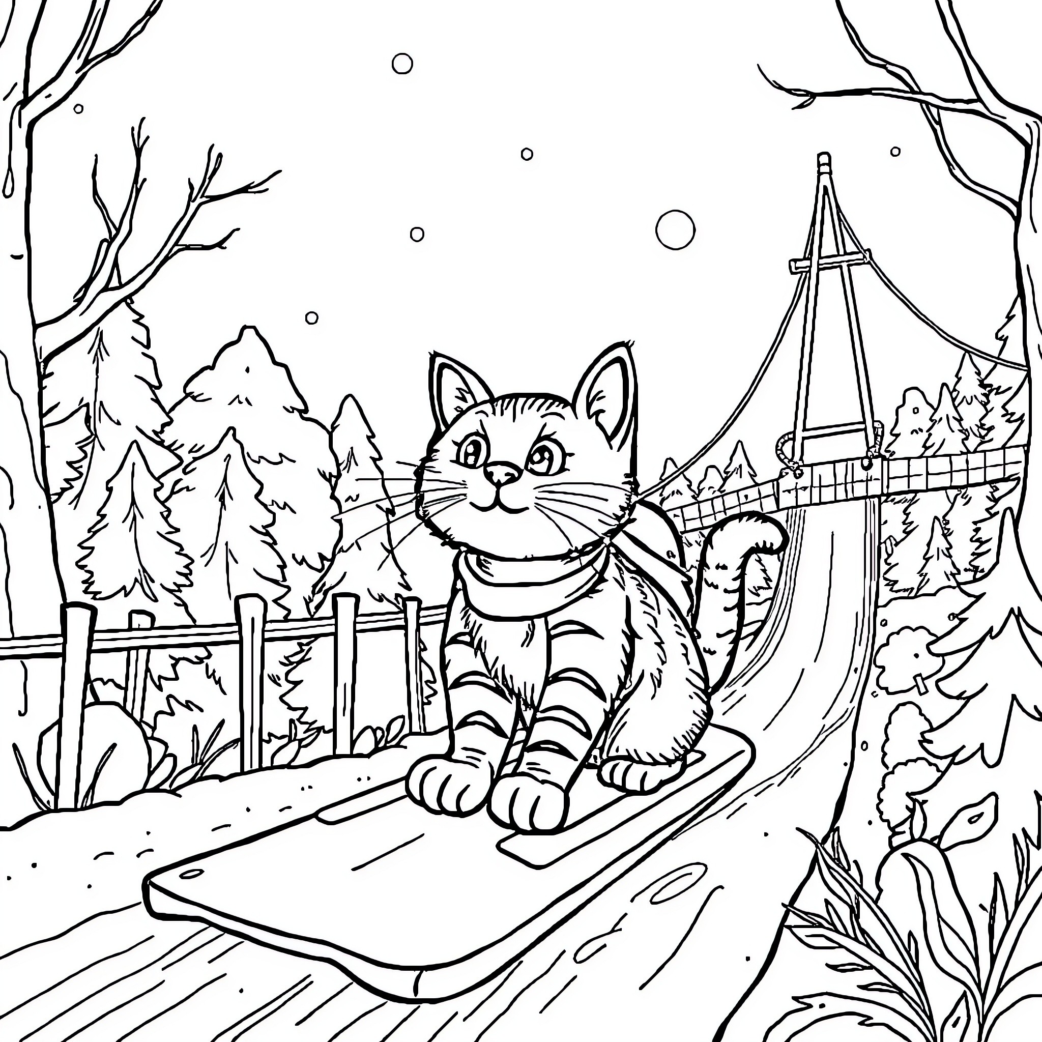Cat sledding down a snowy hill Coloring Page (free black-and-white line drawing printable PDF for all, from beginners to advanced learners, including children, teens, adults, and seniors)