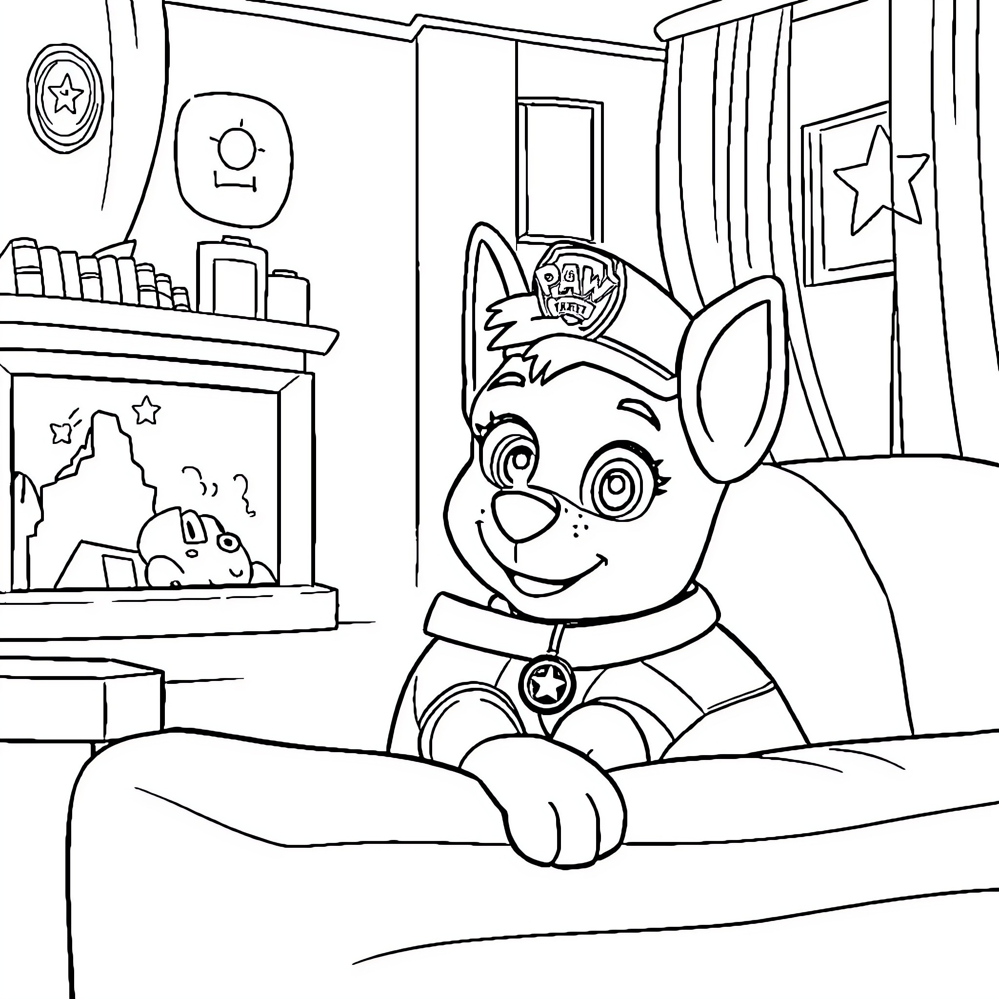 Paw Patrol Pup Relaxing in Bedroom Coloring Page (free black-and-white line drawing printable PDF for all, from beginners to advanced learners, including children, teens, adults, and seniors)