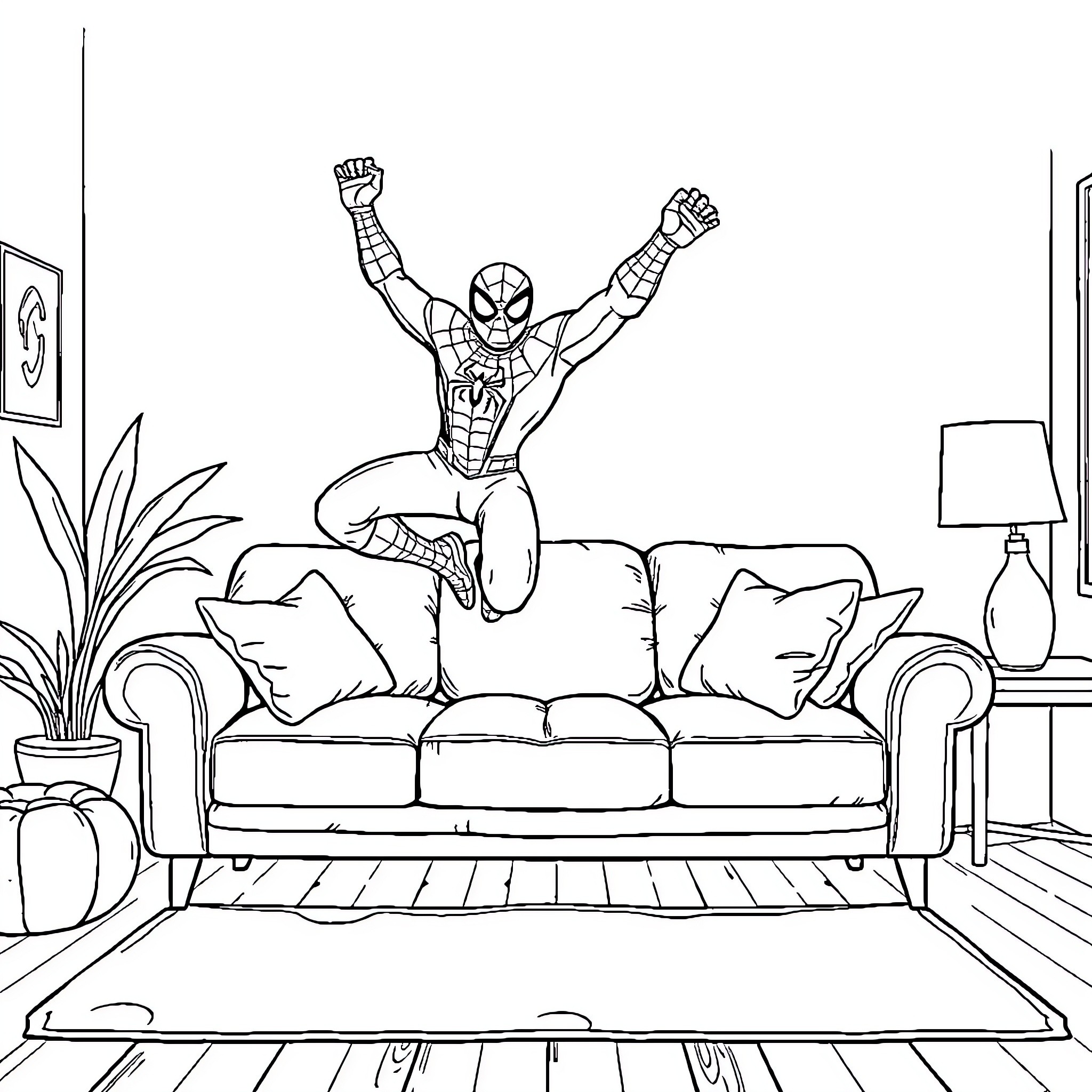 Spiderman jumping excitedly on the couch Coloring Page (free black-and-white line drawing printable PDF for all, from beginners to advanced learners, including children, teens, adults, and seniors)