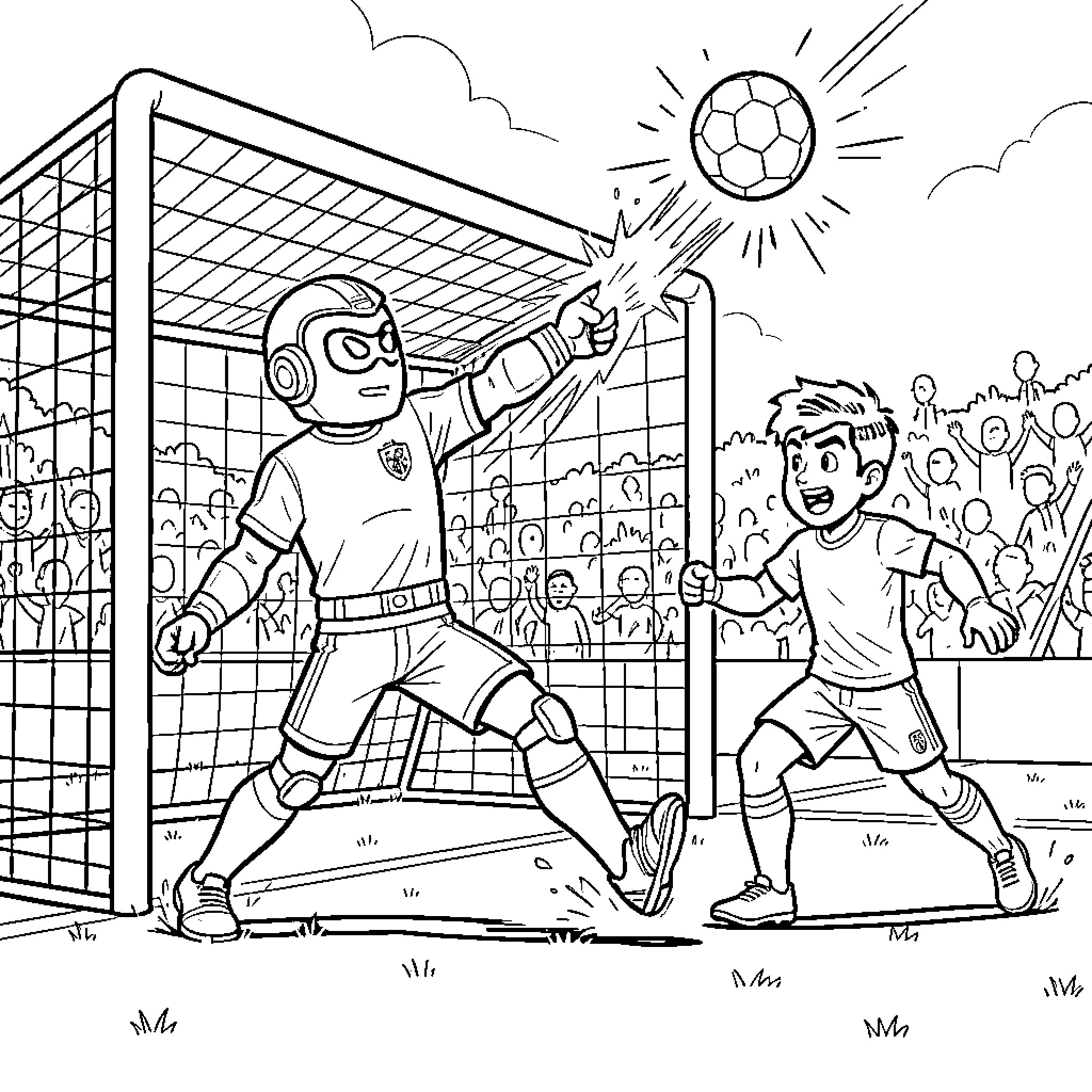 Oliver Atom playing soccer with teammate on the field Coloring Page (free black-and-white line drawing printable PDF for all, from beginners to advanced learners, including children, teens, adults, and seniors)