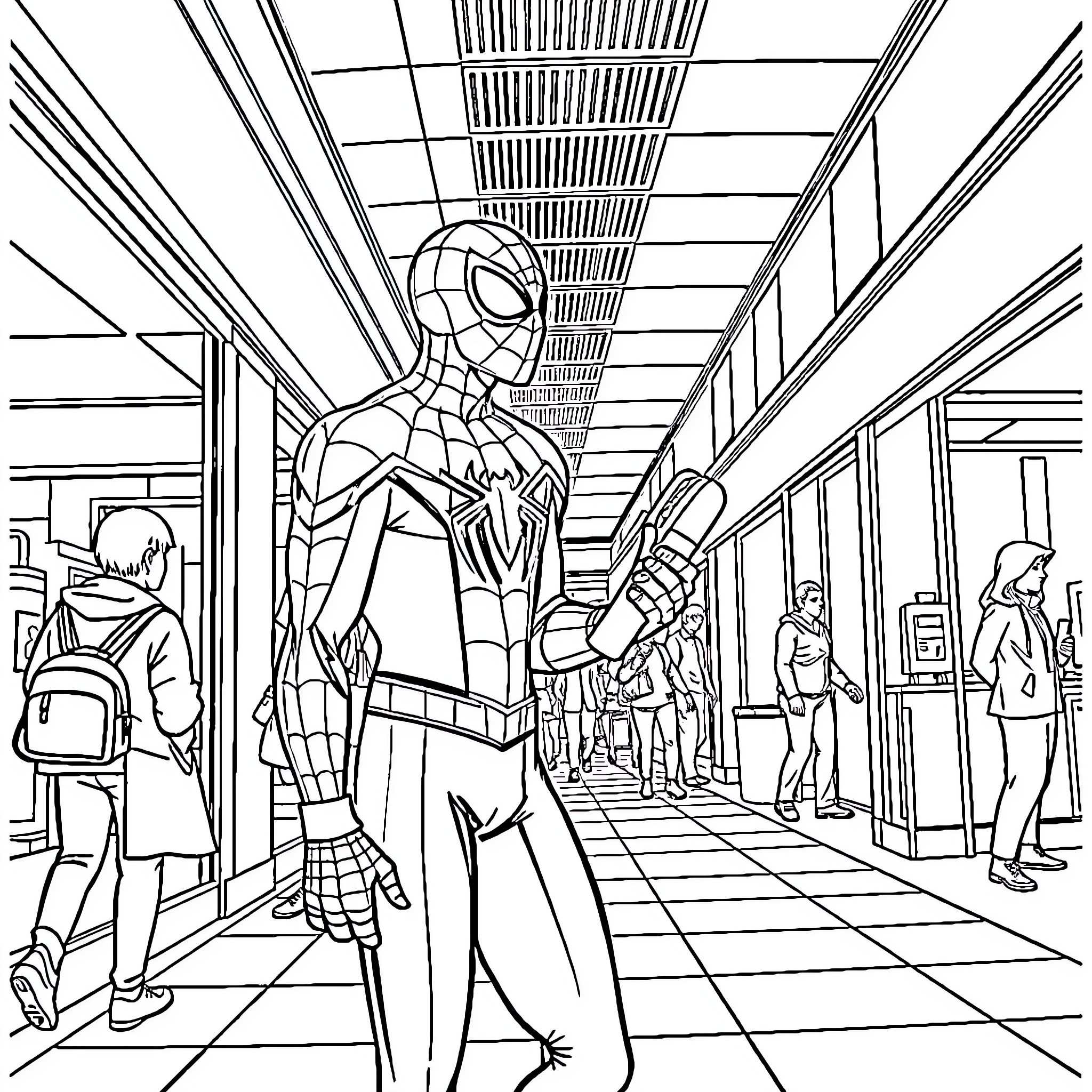Spiderman swinging through a busy city street Coloring Page (free black-and-white line drawing printable PDF for all, from beginners to advanced learners, including children, teens, adults, and seniors)