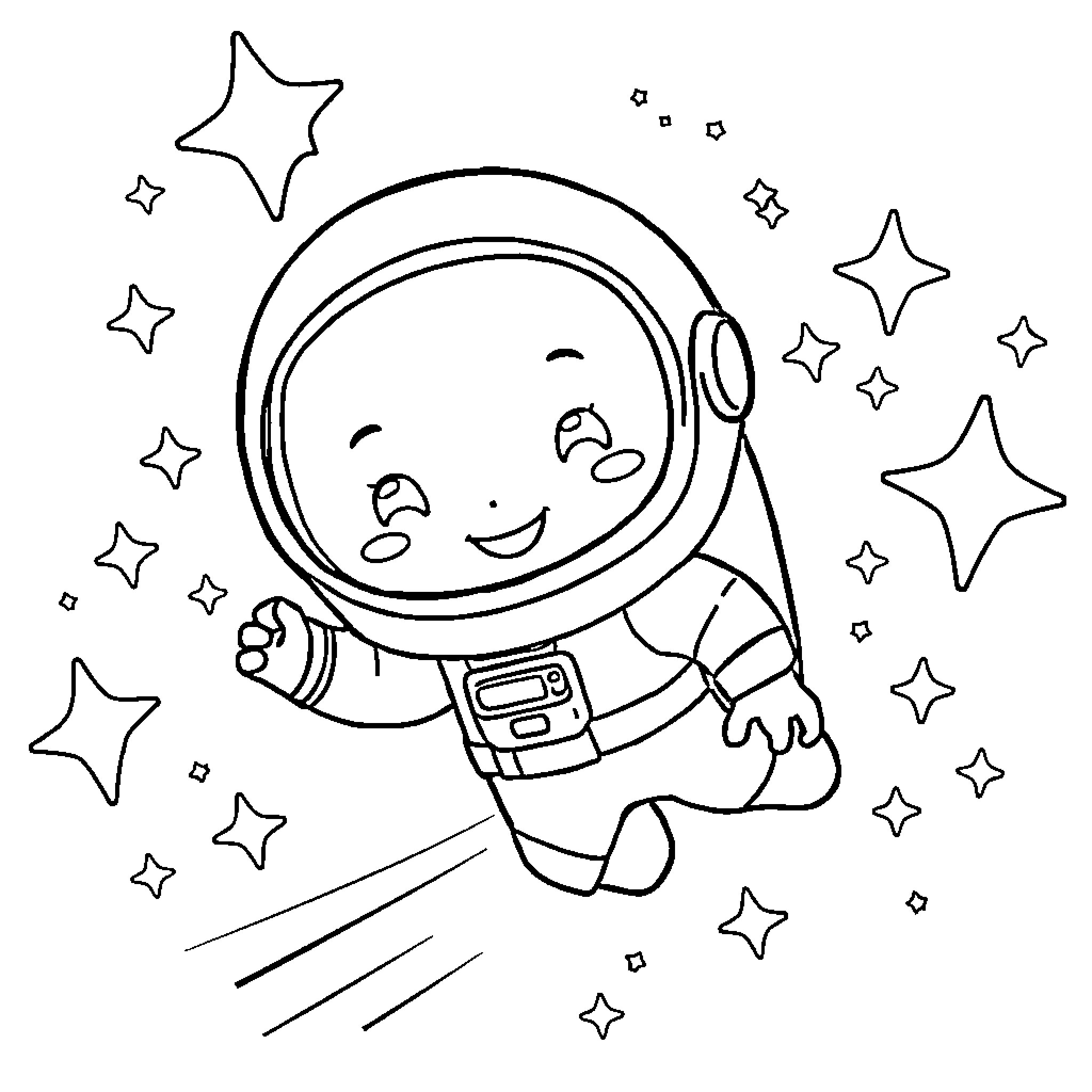 Astronaut exploring the starry cosmos Coloring Page (free black-and-white line drawing printable PDF for all, from beginners to advanced learners, including children, teens, adults, and seniors)