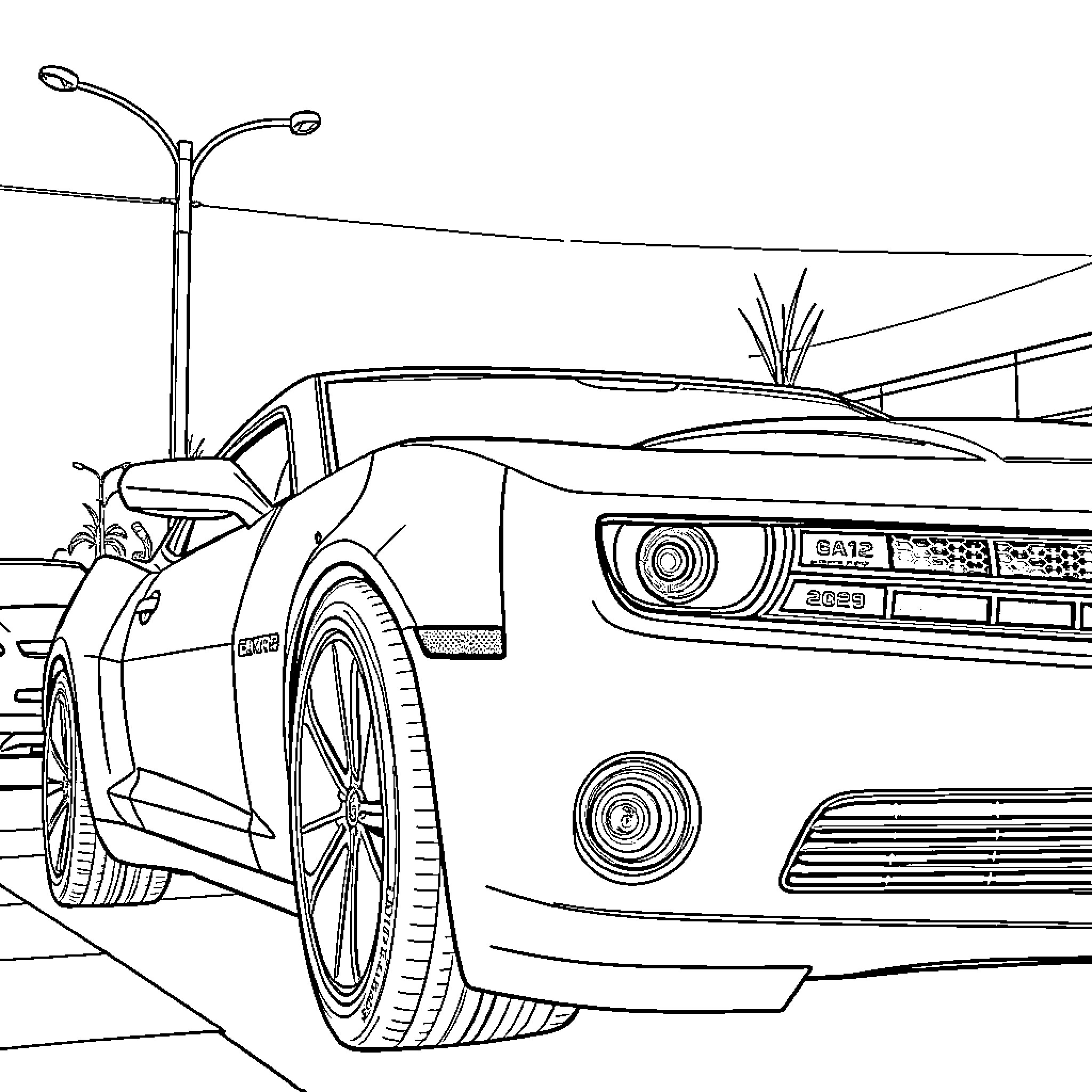 Camaro parked under streetlight with cityscape Coloring Page (free black-and-white line drawing printable PDF for all, from beginners to advanced learners, including children, teens, adults, and seniors)