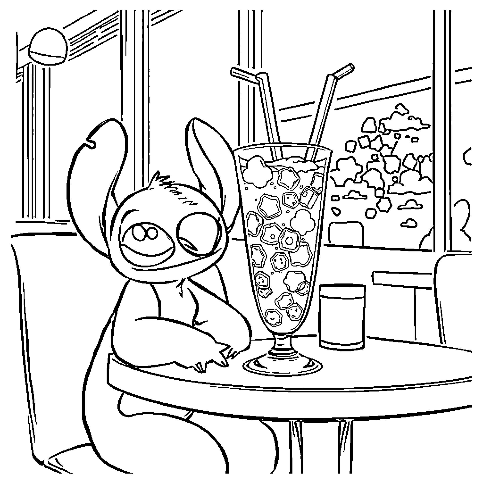 Stitch enjoying a refreshing beverage Coloring Page (free black-and-white line drawing printable PDF for all, from beginners to advanced learners, including children, teens, adults, and seniors)