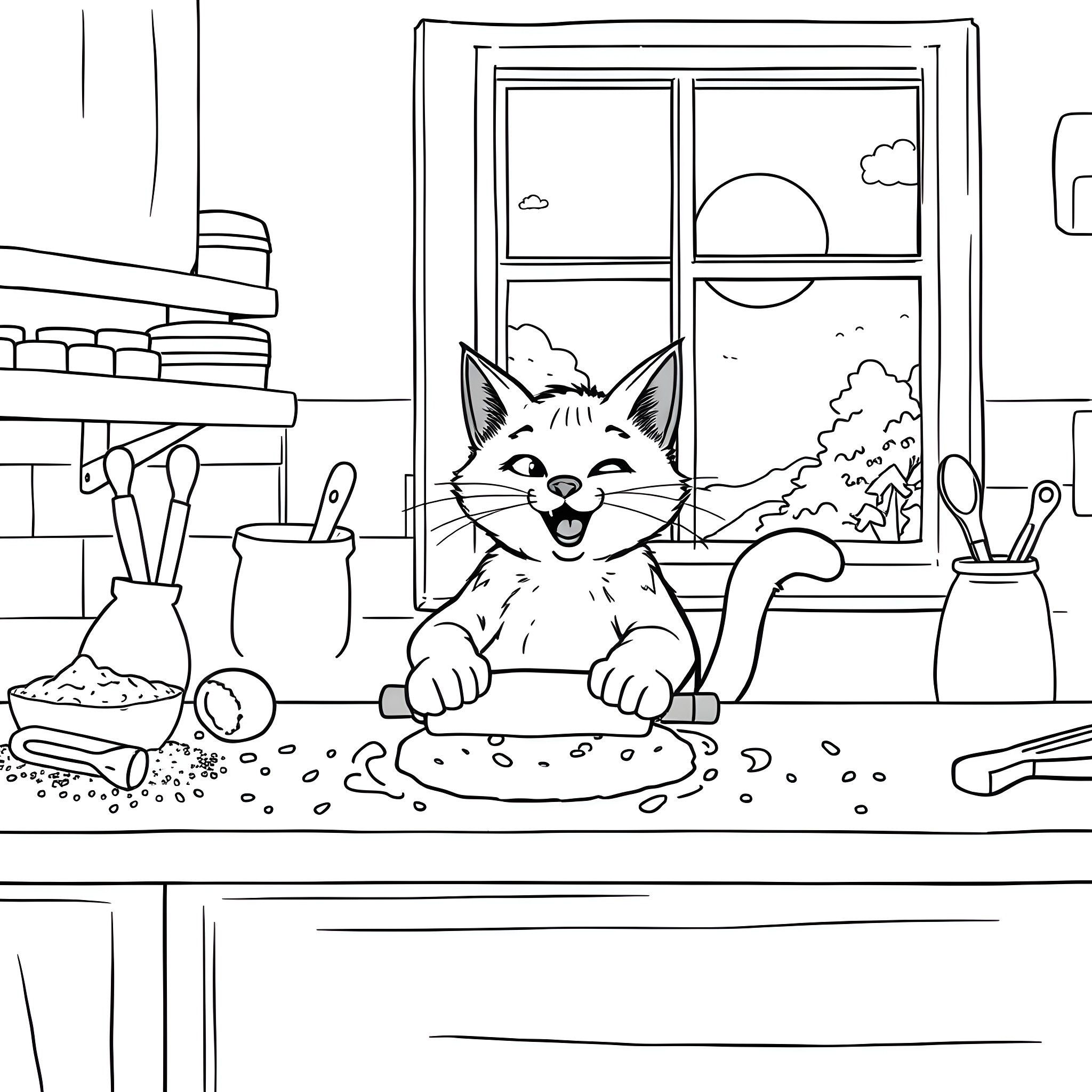 Cat making a mess in the kitchen Coloring Page (free black-and-white line drawing printable PDF for all, from beginners to advanced learners, including children, teens, adults, and seniors)