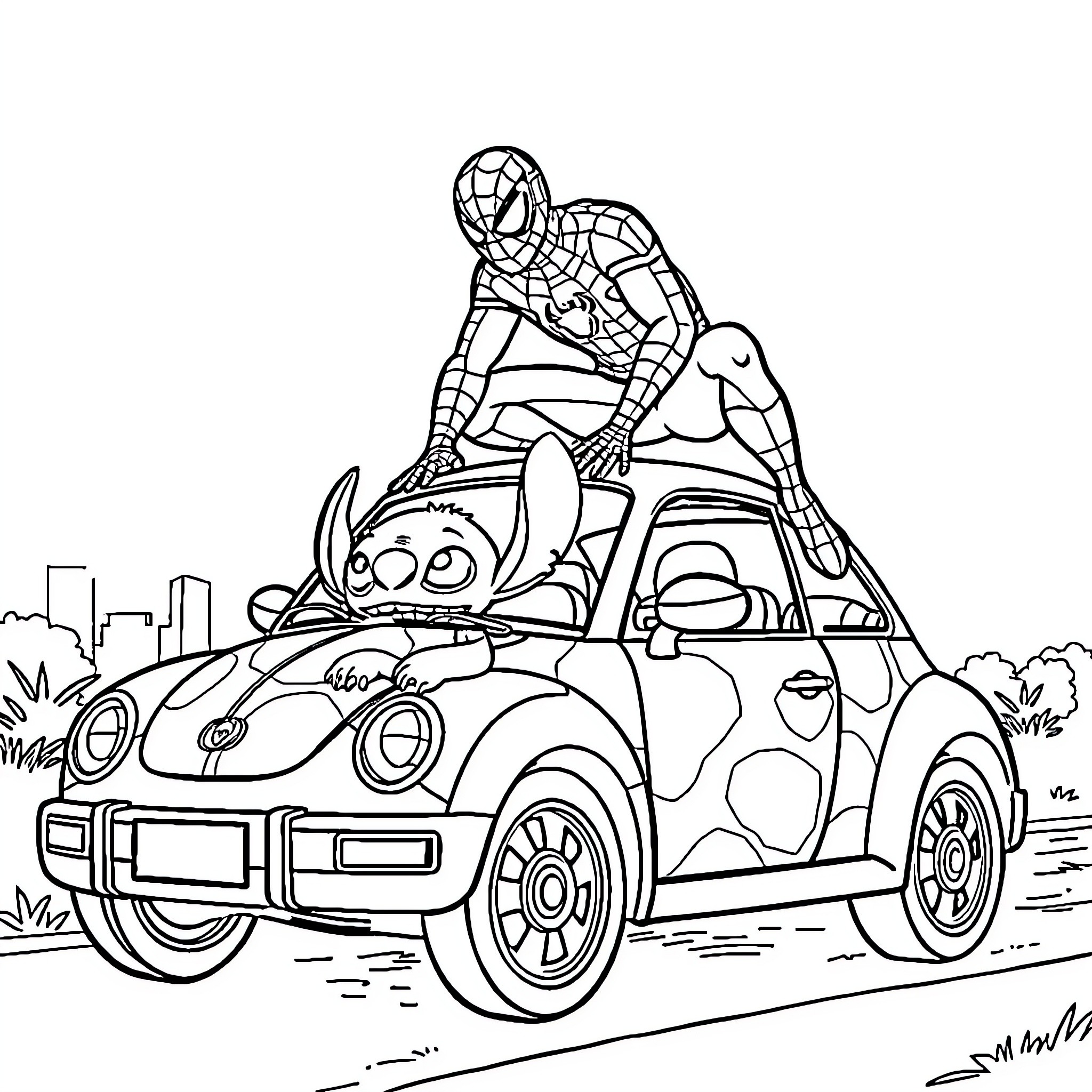 Spiderman swinging through the city in a colorful car Coloring Page (free black-and-white line drawing printable PDF for all, from beginners to advanced learners, including children, teens, adults, and seniors)
