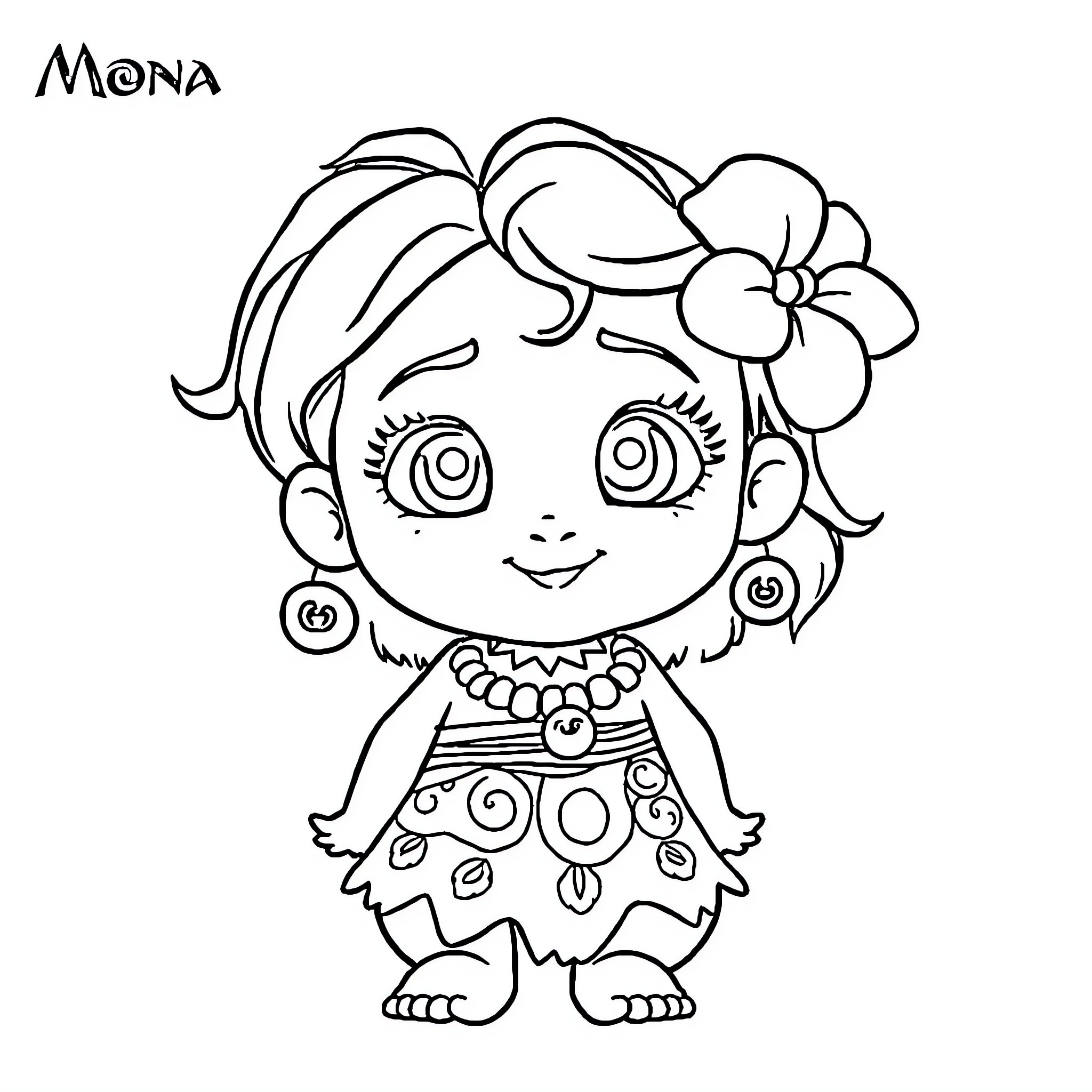 Moana smiling happily in her colorful dress Coloring Page (free black-and-white line drawing printable PDF for all, from beginners to advanced learners, including children, teens, adults, and seniors)