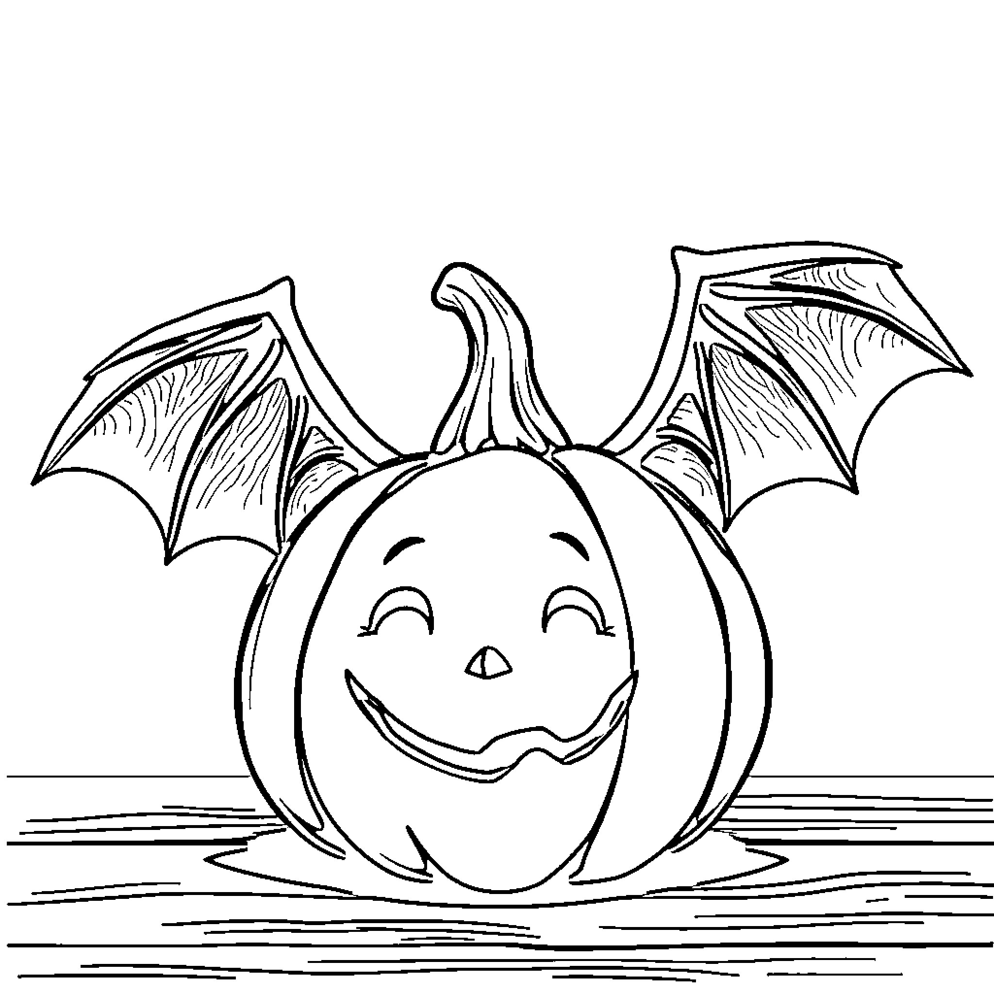 Pumpkin with bat wings in festive scene Coloring Page (free black-and-white line drawing printable PDF for all, from beginners to advanced learners, including children, teens, adults, and seniors)