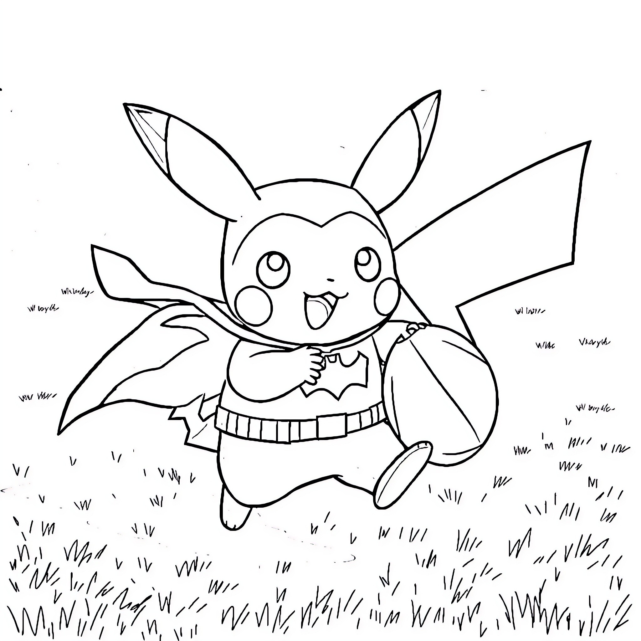 Pikachu happily running through the field Coloring Page (free black-and-white line drawing printable PDF for all, from beginners to advanced learners, including children, teens, adults, and seniors)