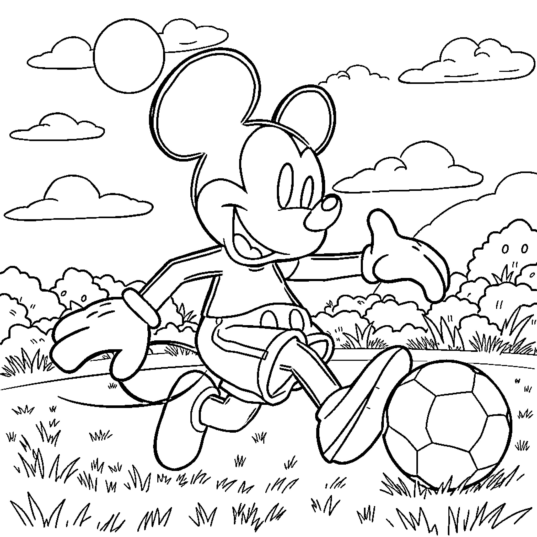 Mickey Mouse playing with soccer ball in the park Coloring Page (free black-and-white line drawing printable PDF for all, from beginners to advanced learners, including children, teens, adults, and seniors)
