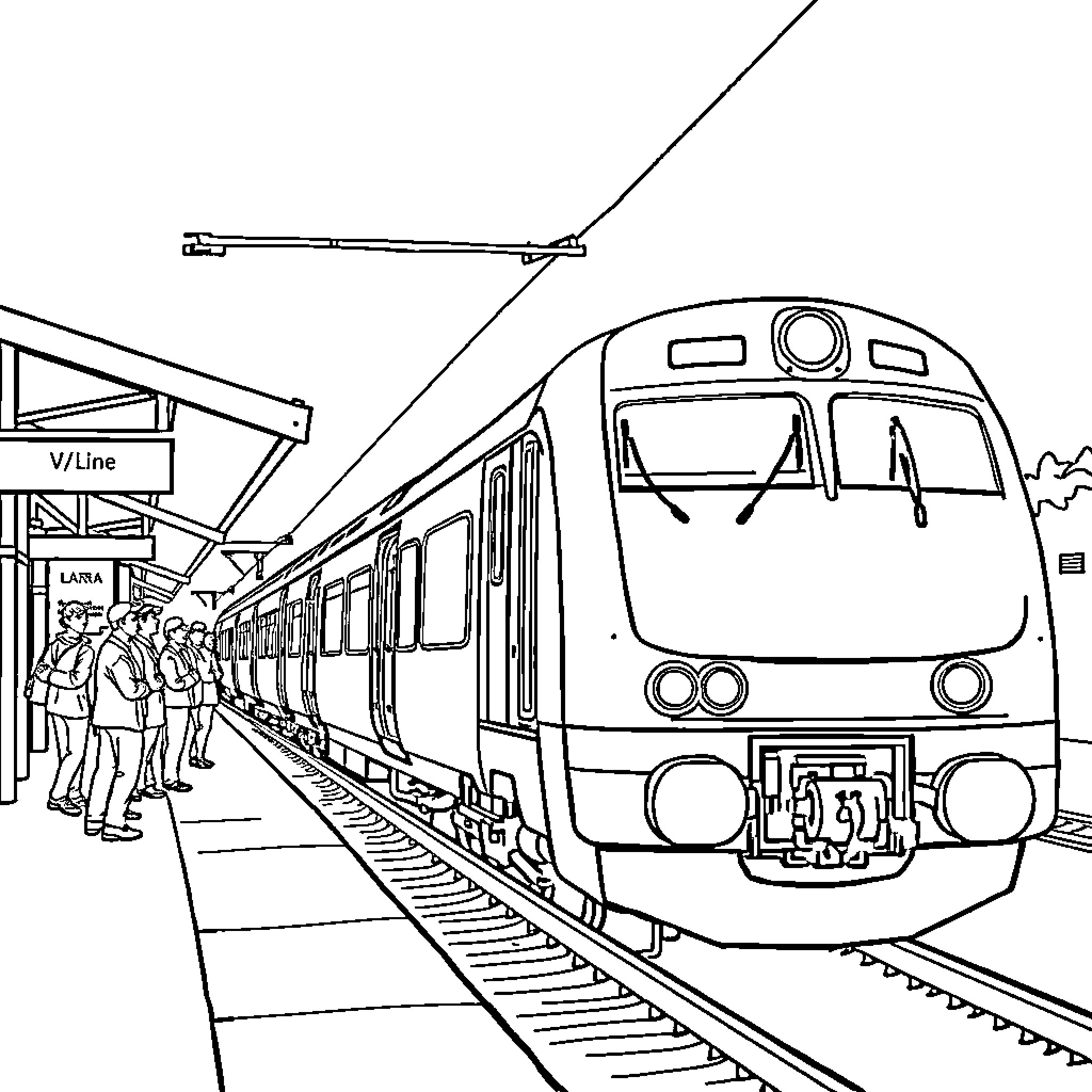 Train Arriving at the Station with Passengers Coloring Page (free black-and-white line drawing printable PDF for all, from beginners to advanced learners, including children, teens, adults, and seniors)