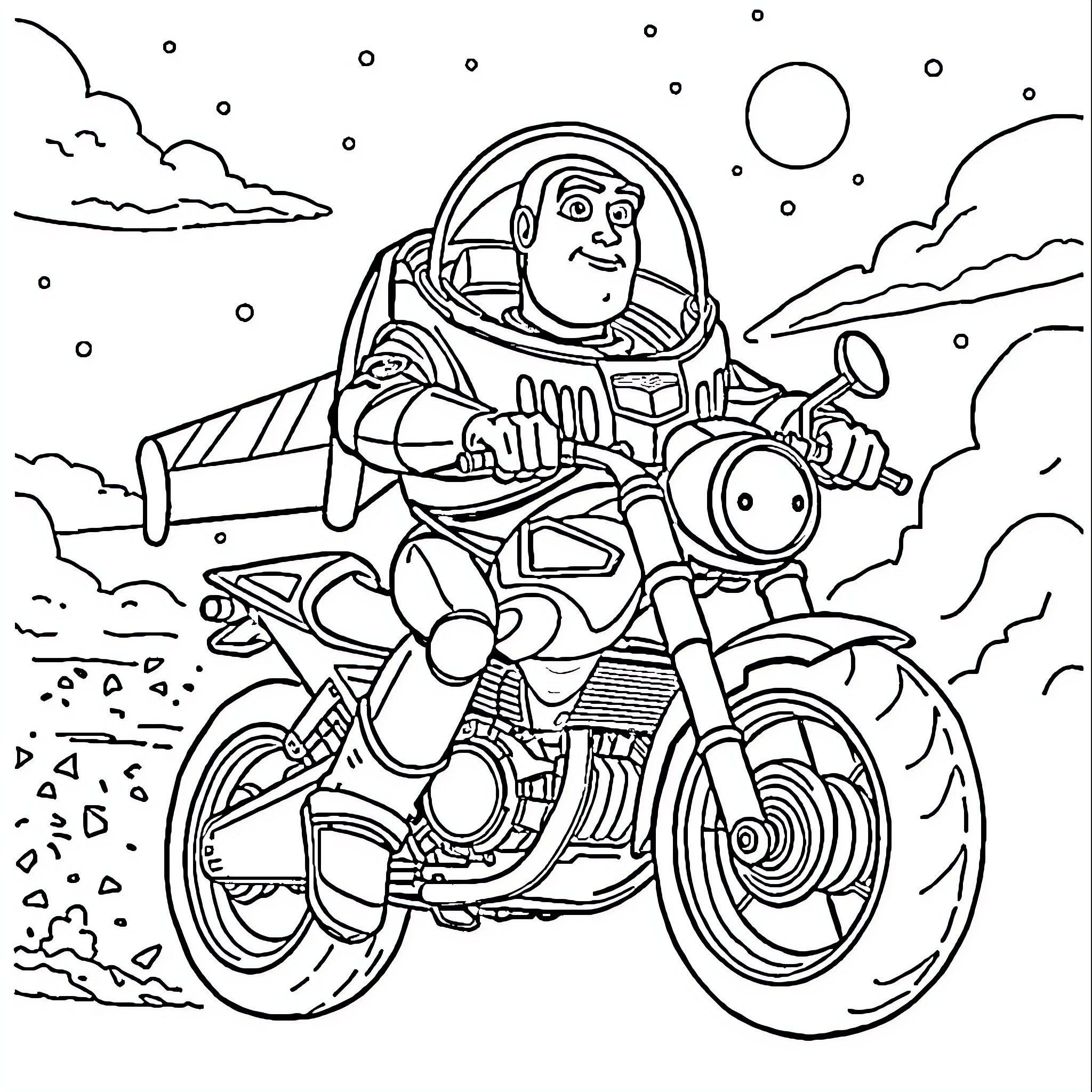 Buzz Lightyear rides a space-themed motorcycle in a snowy landscape Coloring Page (free black-and-white line drawing printable PDF for all, from beginners to advanced learners, including children, teens, adults, and seniors)