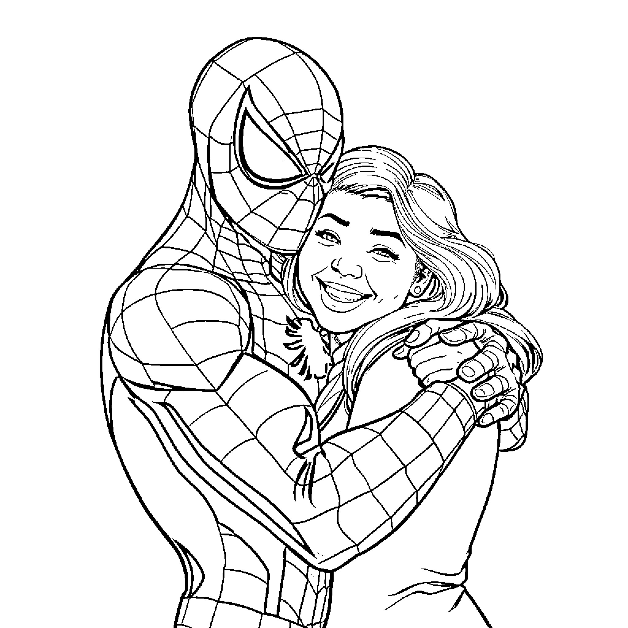 Spiderman embracing happy young woman Coloring Page (free black-and-white line drawing printable PDF for all, from beginners to advanced learners, including children, teens, adults, and seniors)