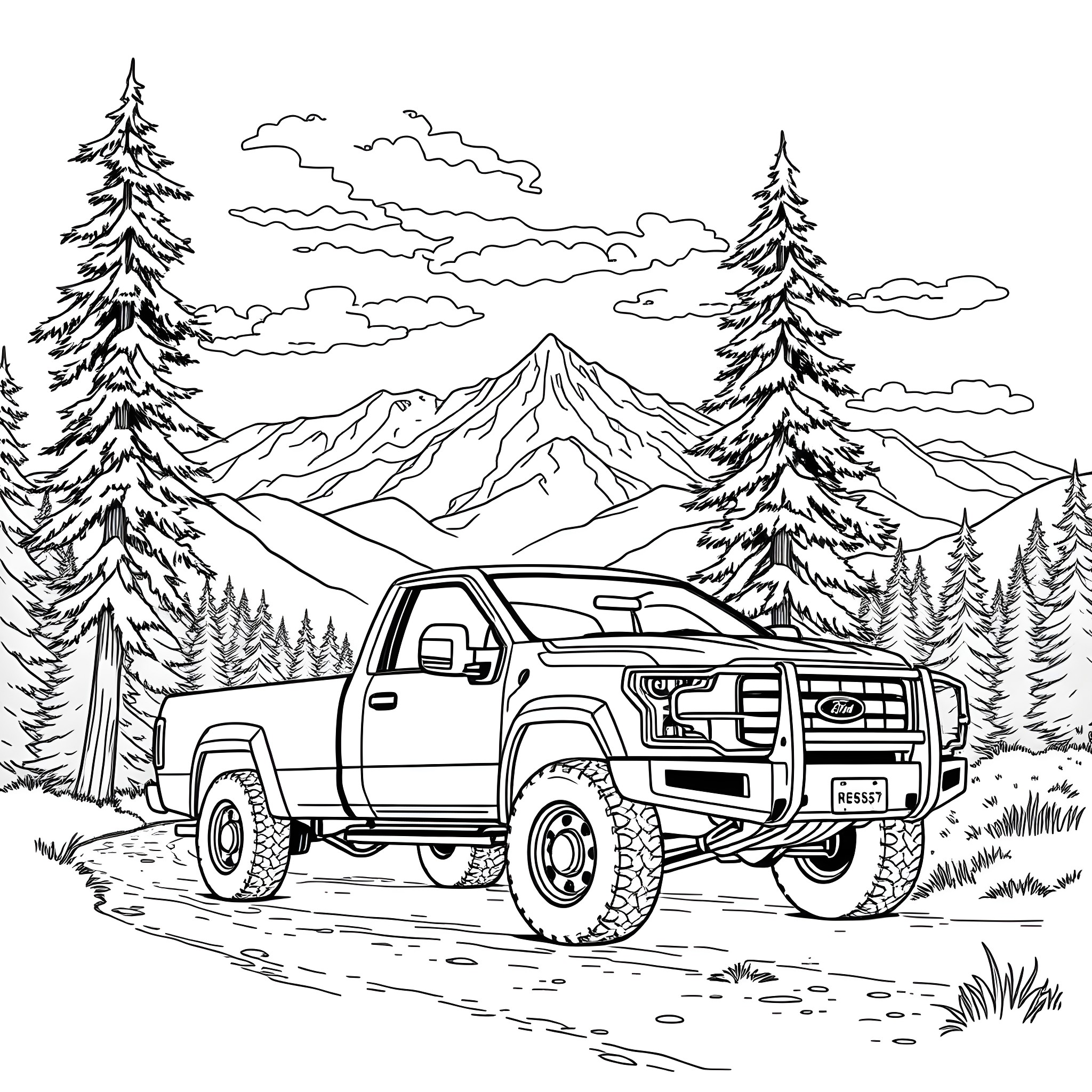 Pick Up Truck Traversing Mountain Landscape Coloring Page (free black-and-white line drawing printable PDF for all, from beginners to advanced learners, including children, teens, adults, and seniors)