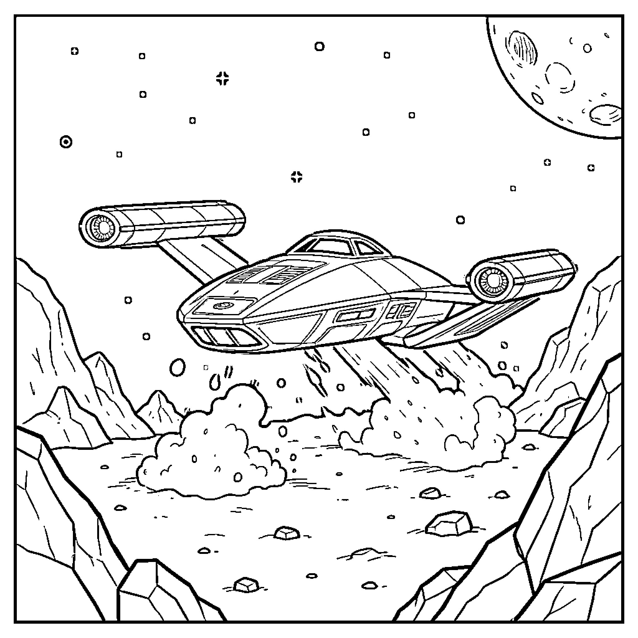 Shuttle Craft flying low over rocky alien terrain Coloring Page (free black-and-white line drawing printable PDF for all, from beginners to advanced learners, including children, teens, adults, and seniors)