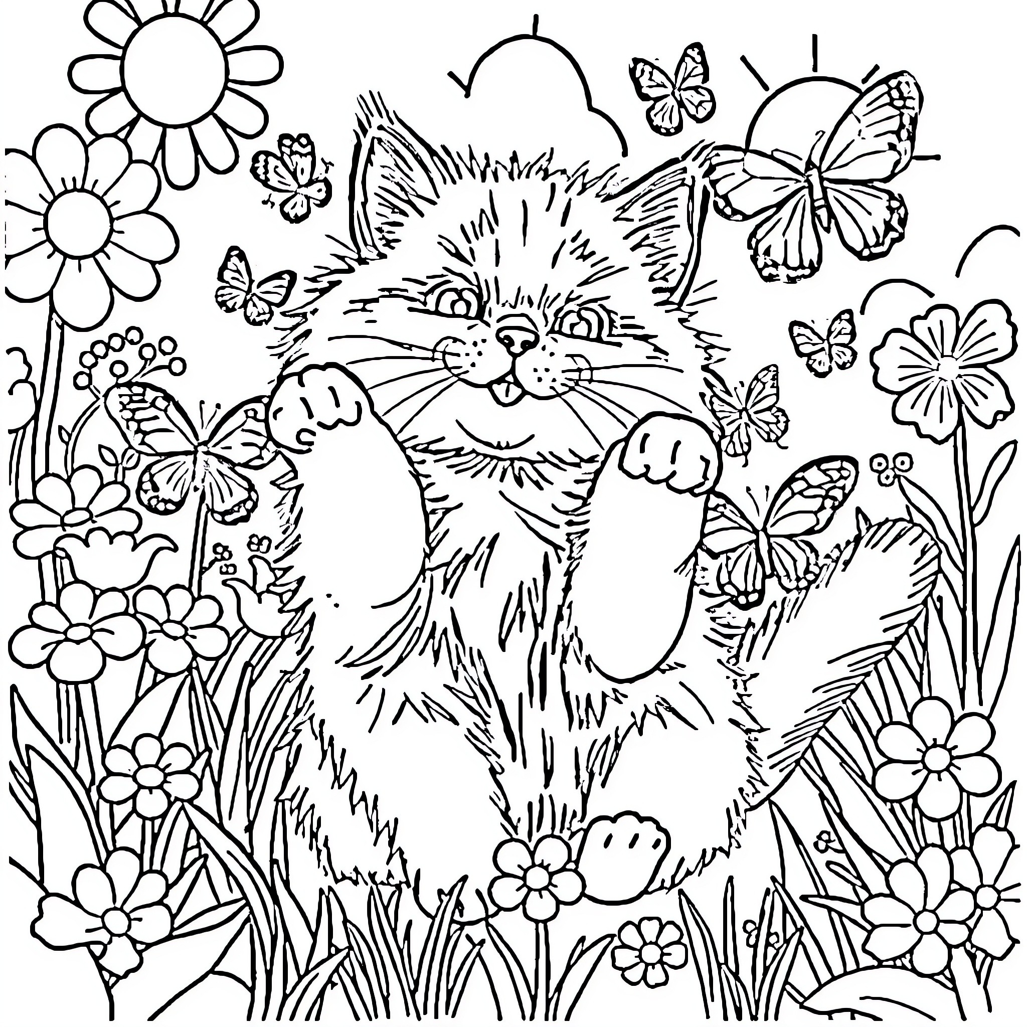 Cat among flowers and butterflies Coloring Page (free black-and-white line drawing printable PDF for all, from beginners to advanced learners, including children, teens, adults, and seniors)