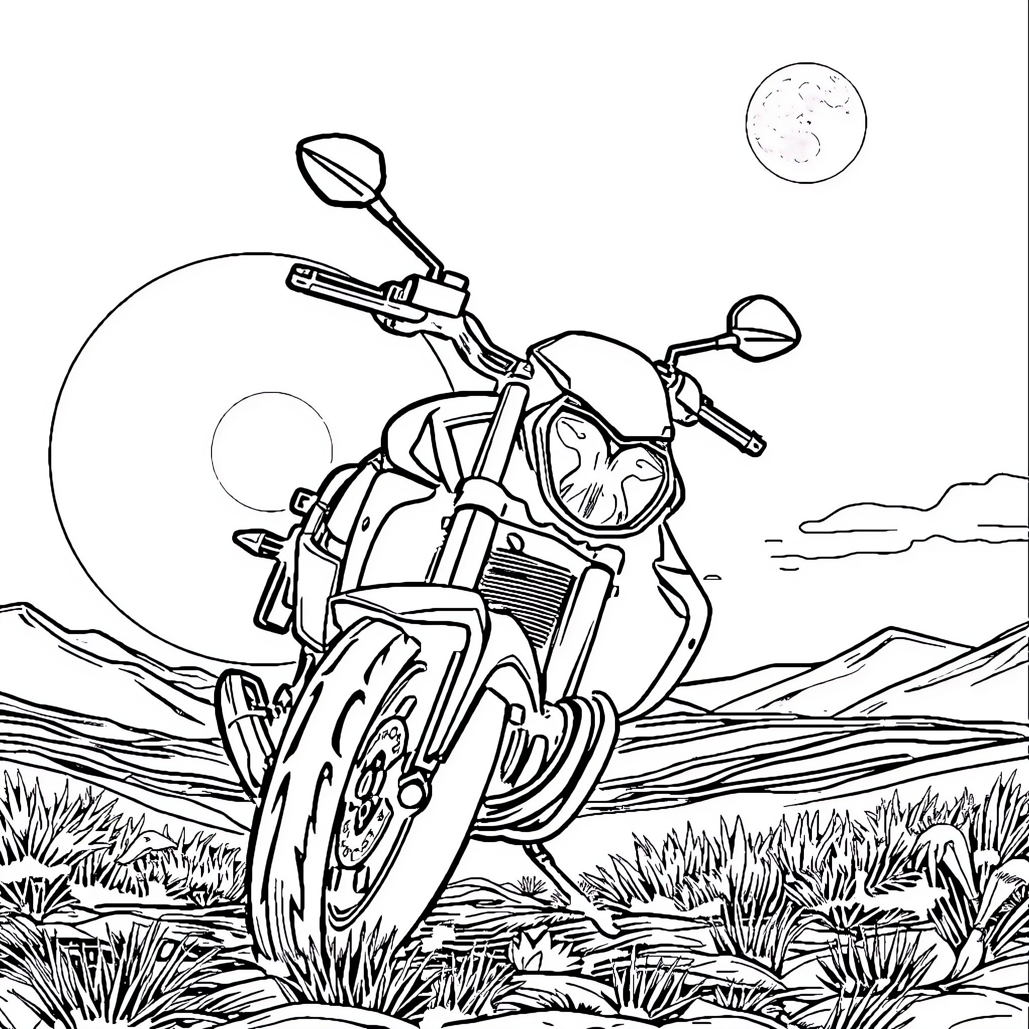 Motorcycle speeding through countryside landscape Coloring Page (free black-and-white line drawing printable PDF for all, from beginners to advanced learners, including children, teens, adults, and seniors)