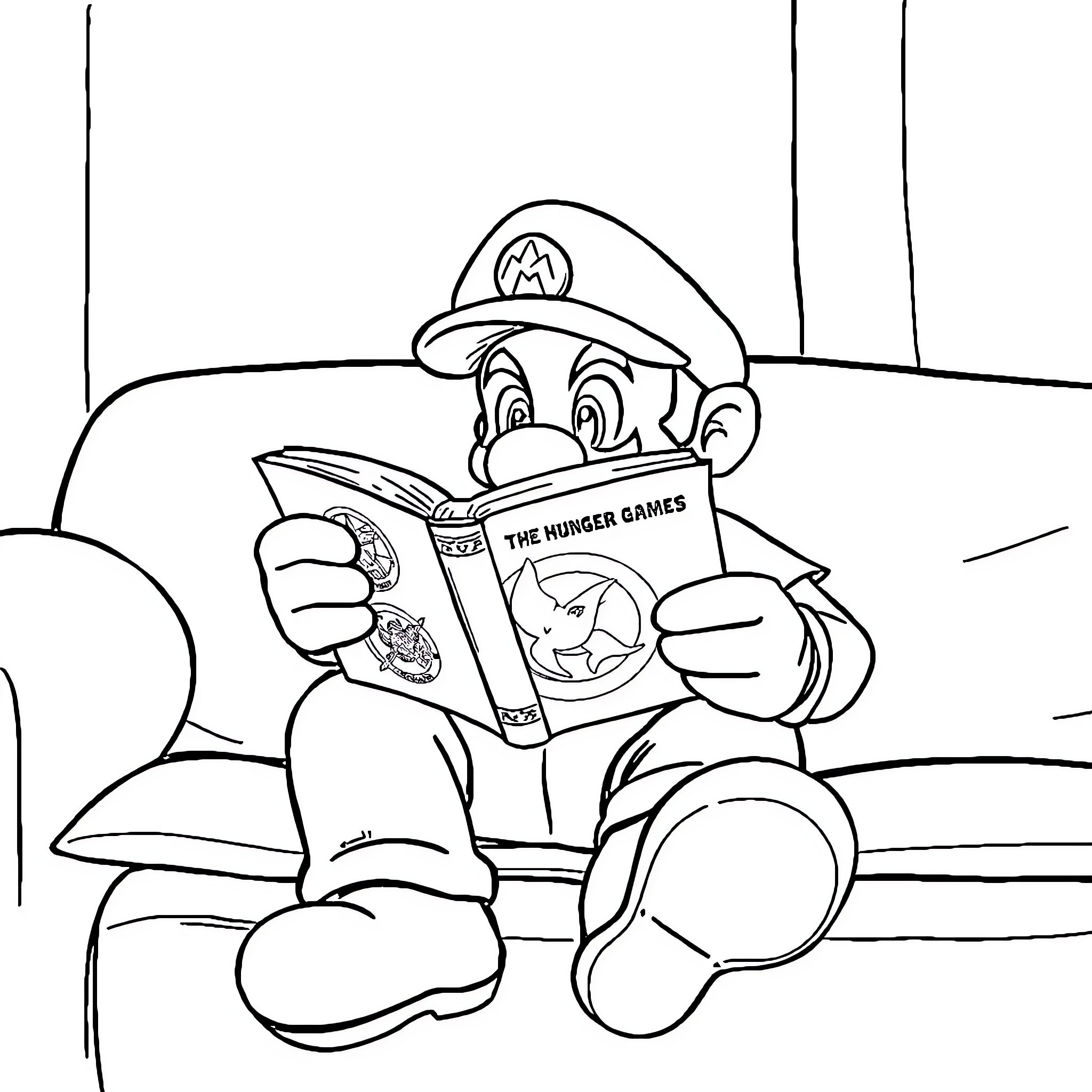 Mario reading a book about The Hunger Games Coloring Page (free black-and-white line drawing printable PDF for all, from beginners to advanced learners, including children, teens, adults, and seniors)