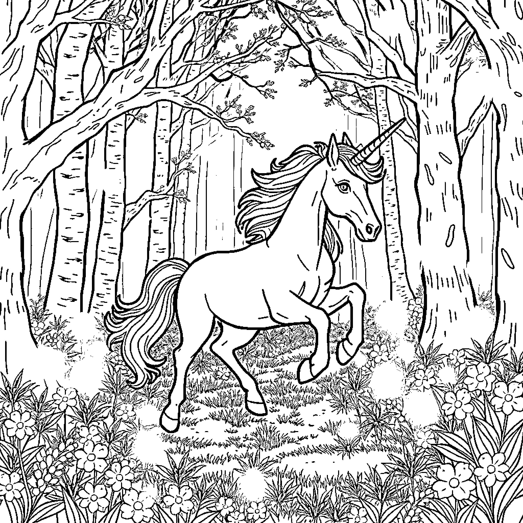 Unicorn Prancing Through Enchanted Forest Coloring Page (free black-and-white line drawing printable PDF for all, from beginners to advanced learners, including children, teens, adults, and seniors)