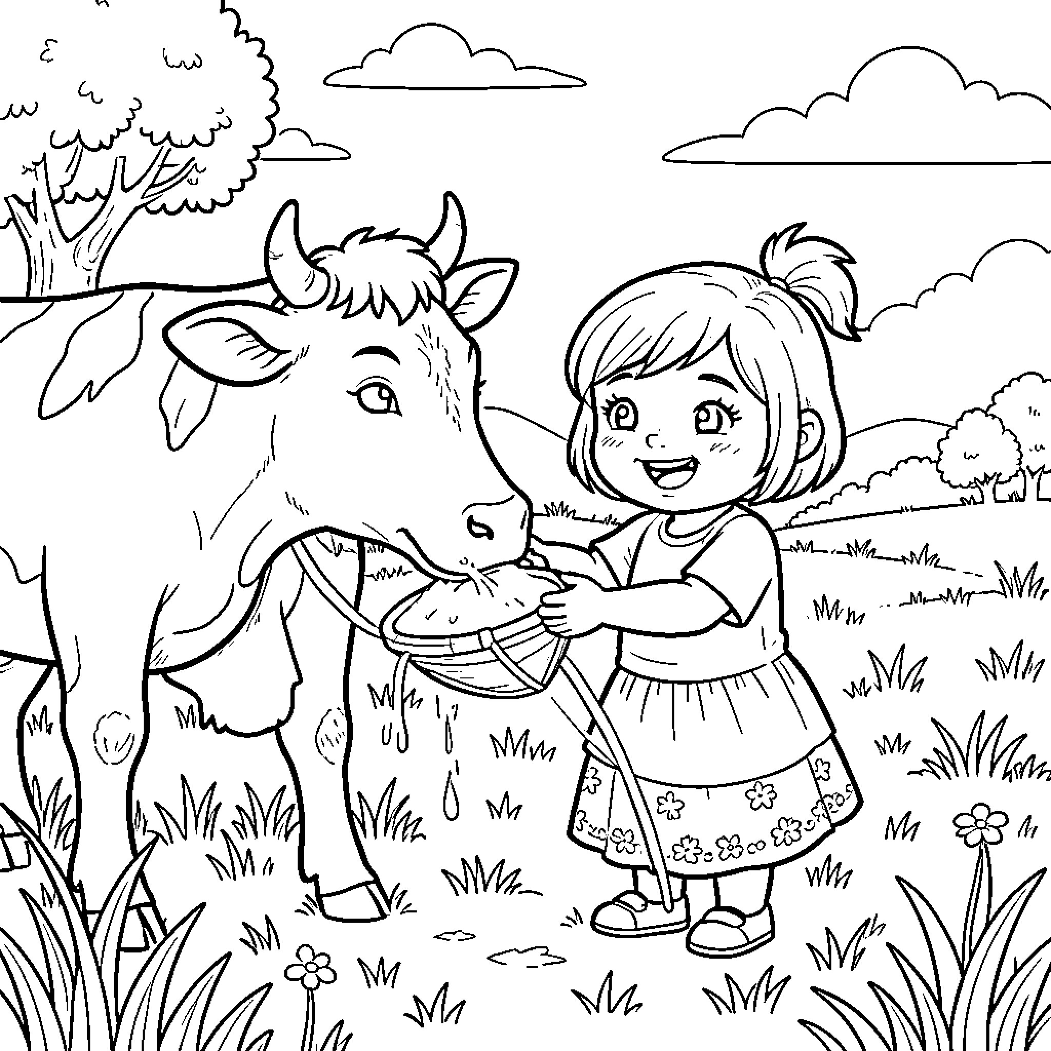 Nina sharing a warm embrace with a friendly cow Coloring Page (free black-and-white line drawing printable PDF for all, from beginners to advanced learners, including children, teens, adults, and seniors)