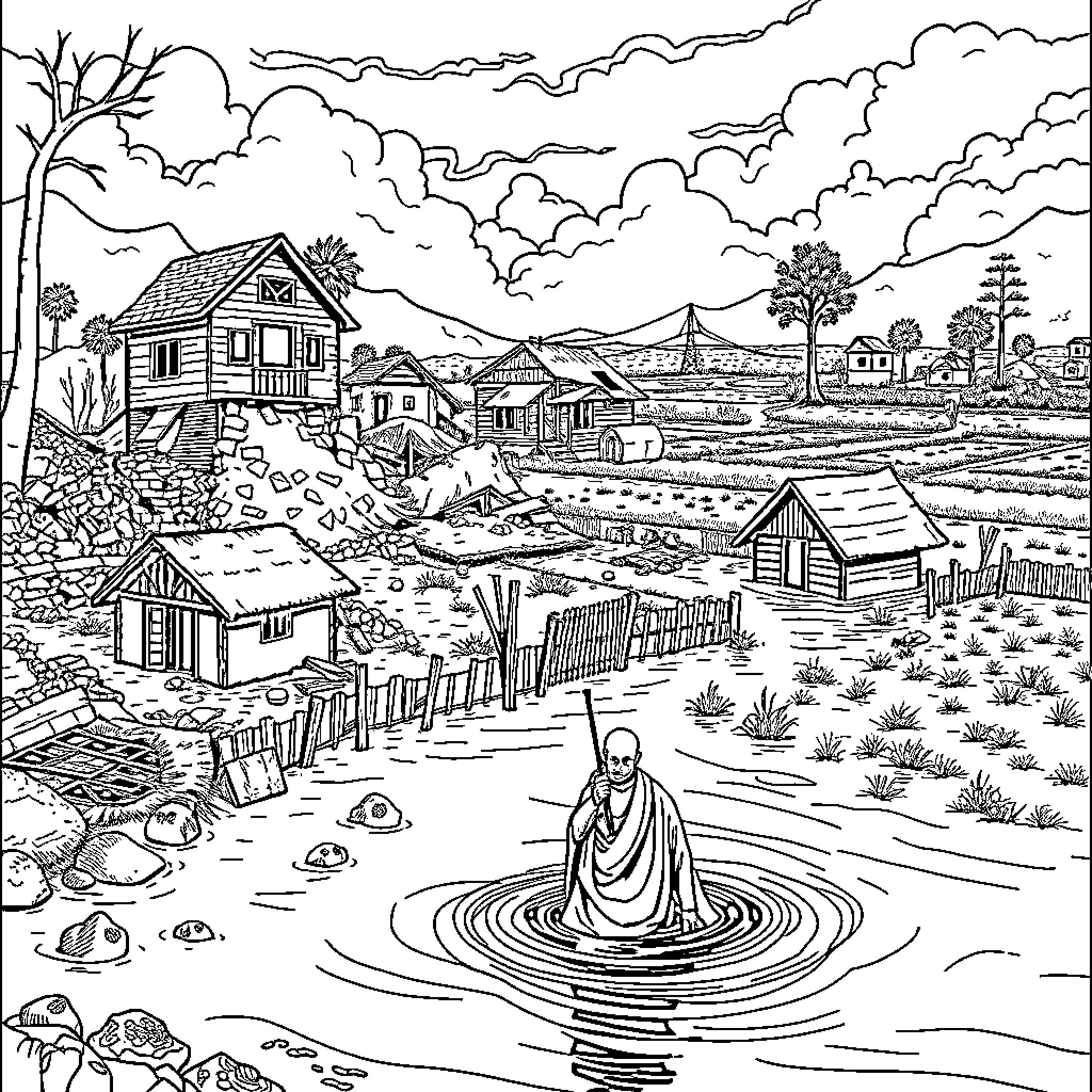 Flood of Tranquility in Rural Landscape Coloring Page (free black-and-white line drawing printable PDF for all, from beginners to advanced learners, including children, teens, adults, and seniors)