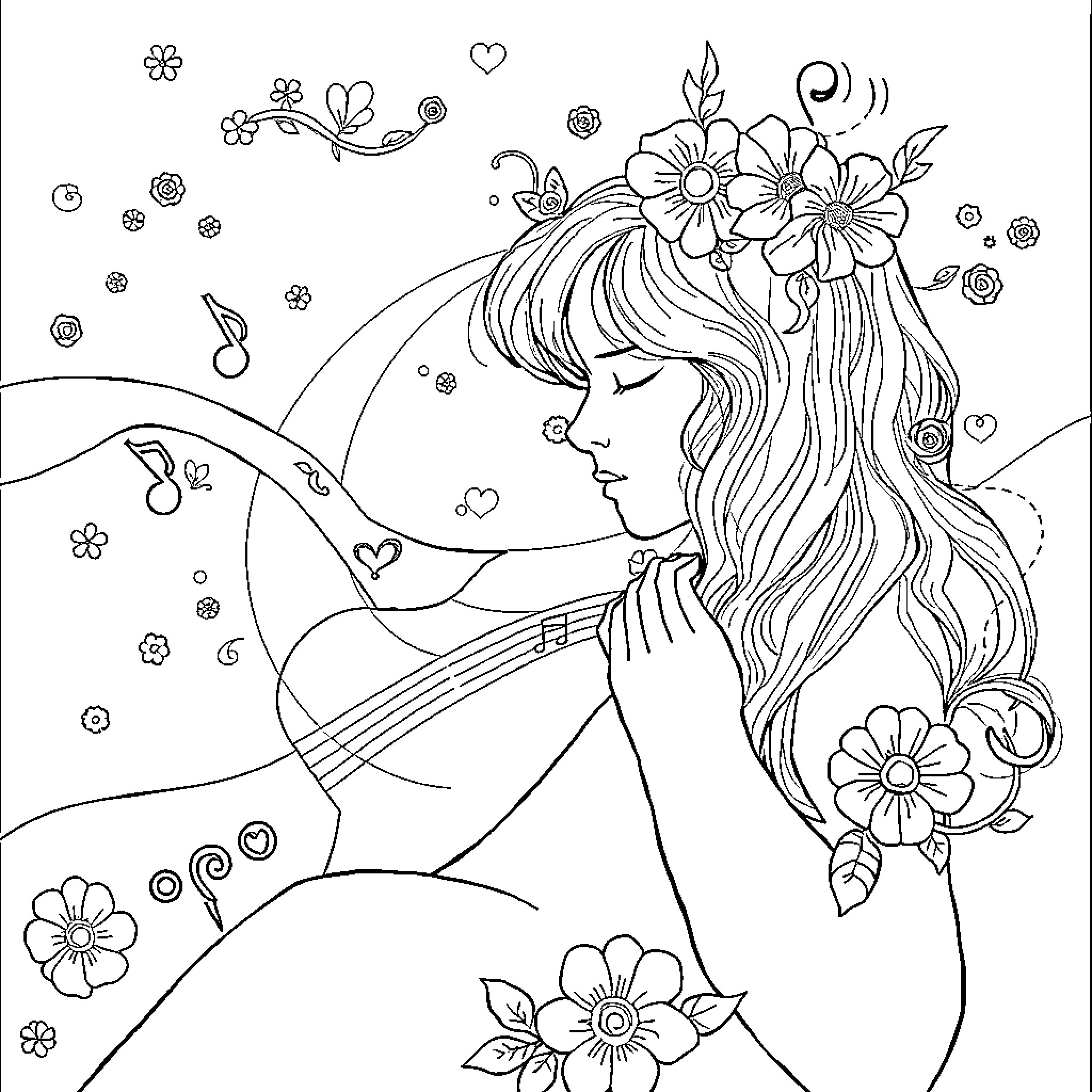 Music, Floral Melody and Whimsical Wonder Coloring Page (free black-and-white line drawing printable PDF for all, from beginners to advanced learners, including children, teens, adults, and seniors)
