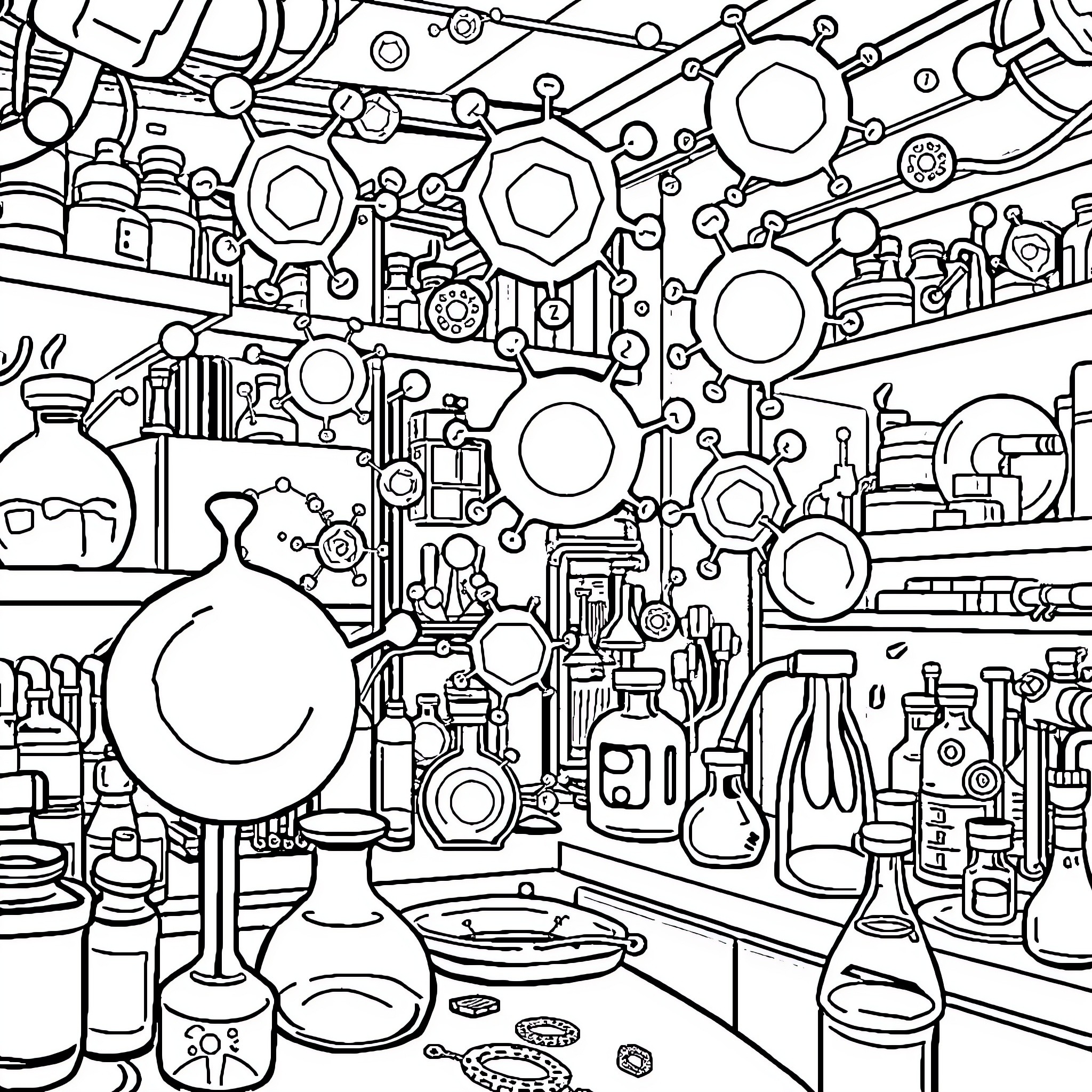 Molecule Laboratory Exploration Coloring Page (free black-and-white line drawing printable PDF for all, from beginners to advanced learners, including children, teens, adults, and seniors)