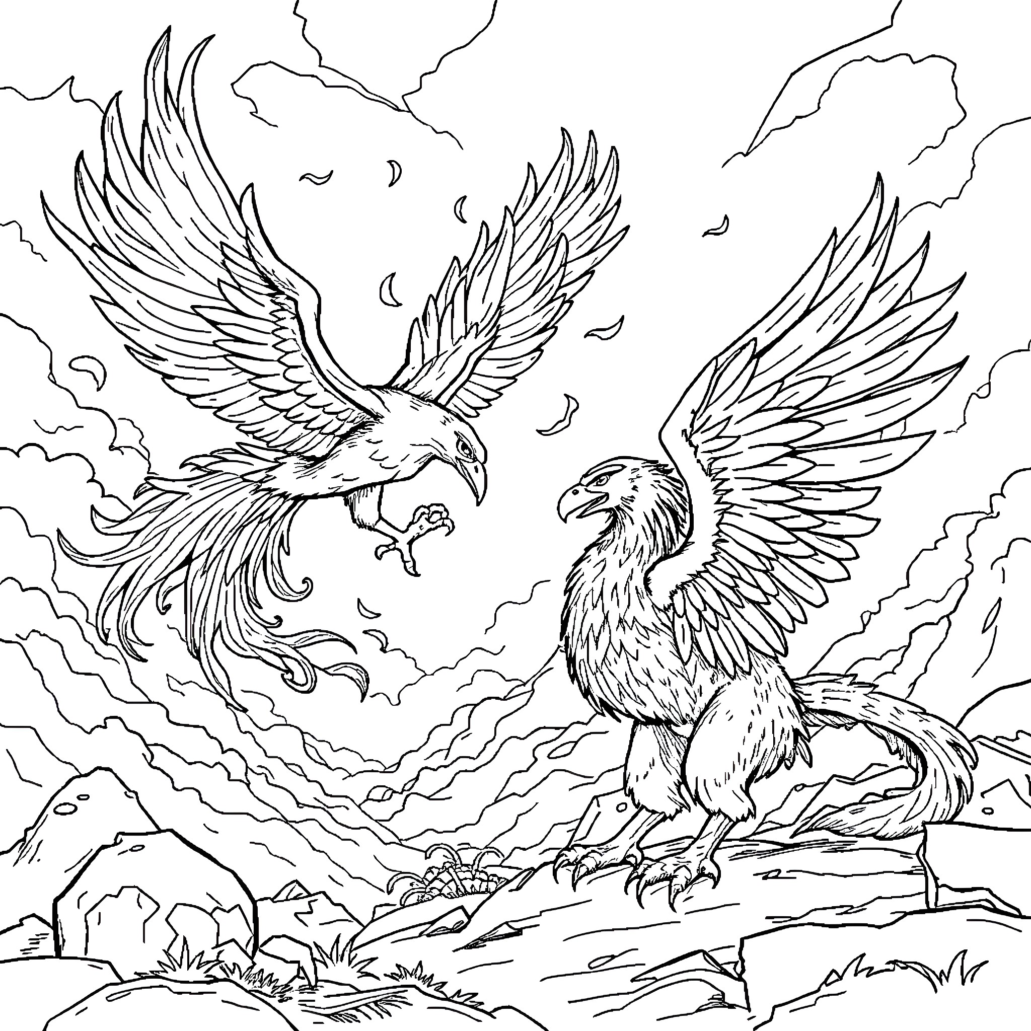Phoenix birds soaring in the sky Coloring Page (free black-and-white line drawing printable PDF for all, from beginners to advanced learners, including children, teens, adults, and seniors)