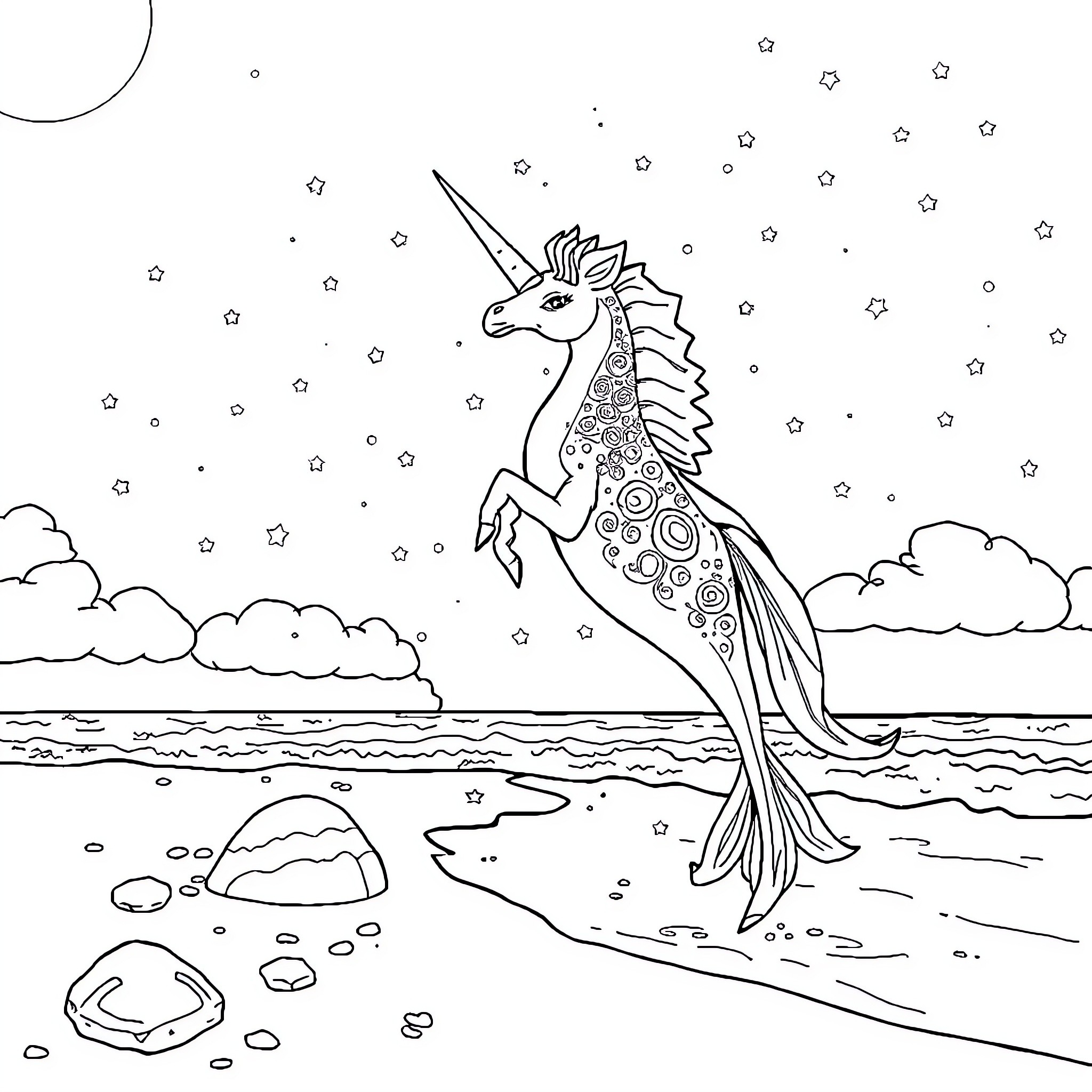 Unicorn galloping gracefully across the starry sky Coloring Page (free black-and-white line drawing printable PDF for all, from beginners to advanced learners, including children, teens, adults, and seniors)