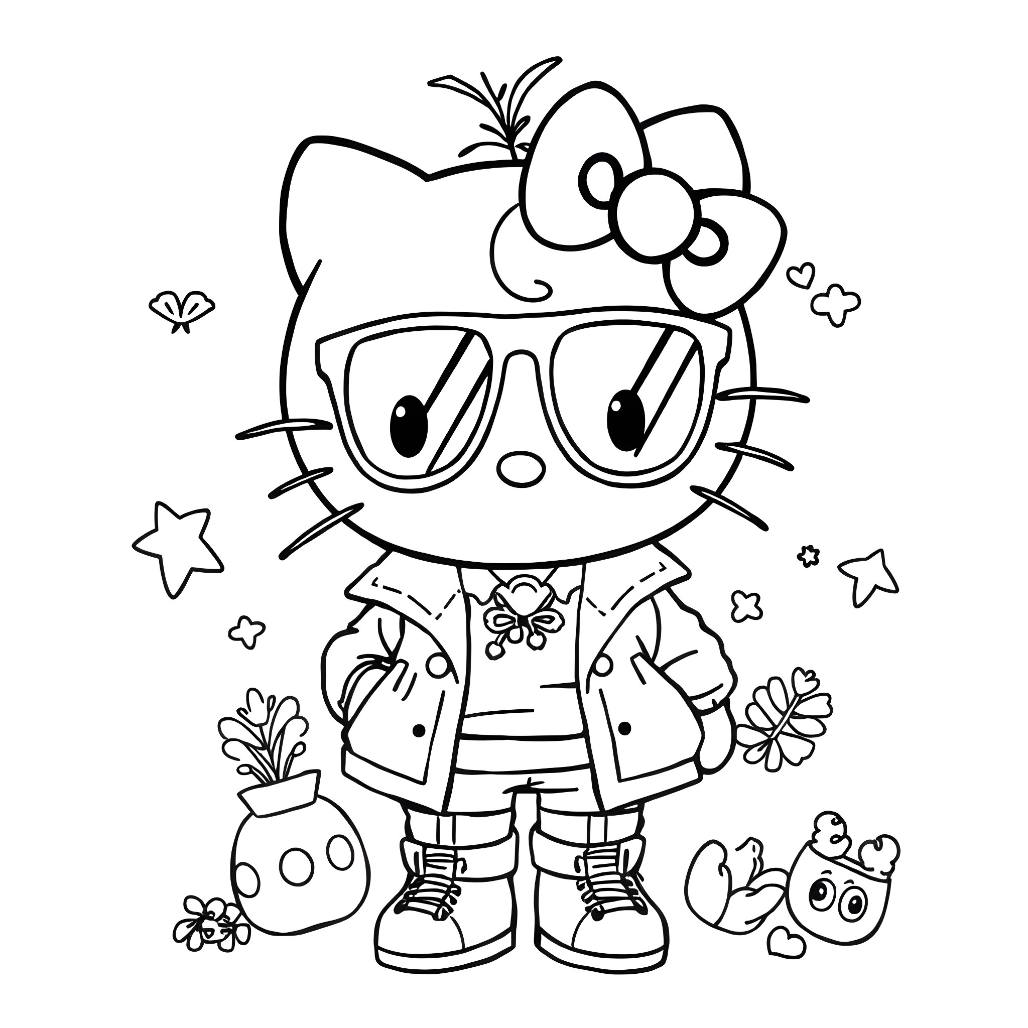 Hello Kitty wearing stylish glasses and casual outfit Coloring Page (free black-and-white line drawing printable PDF for all, from beginners to advanced learners, including children, teens, adults, and seniors)