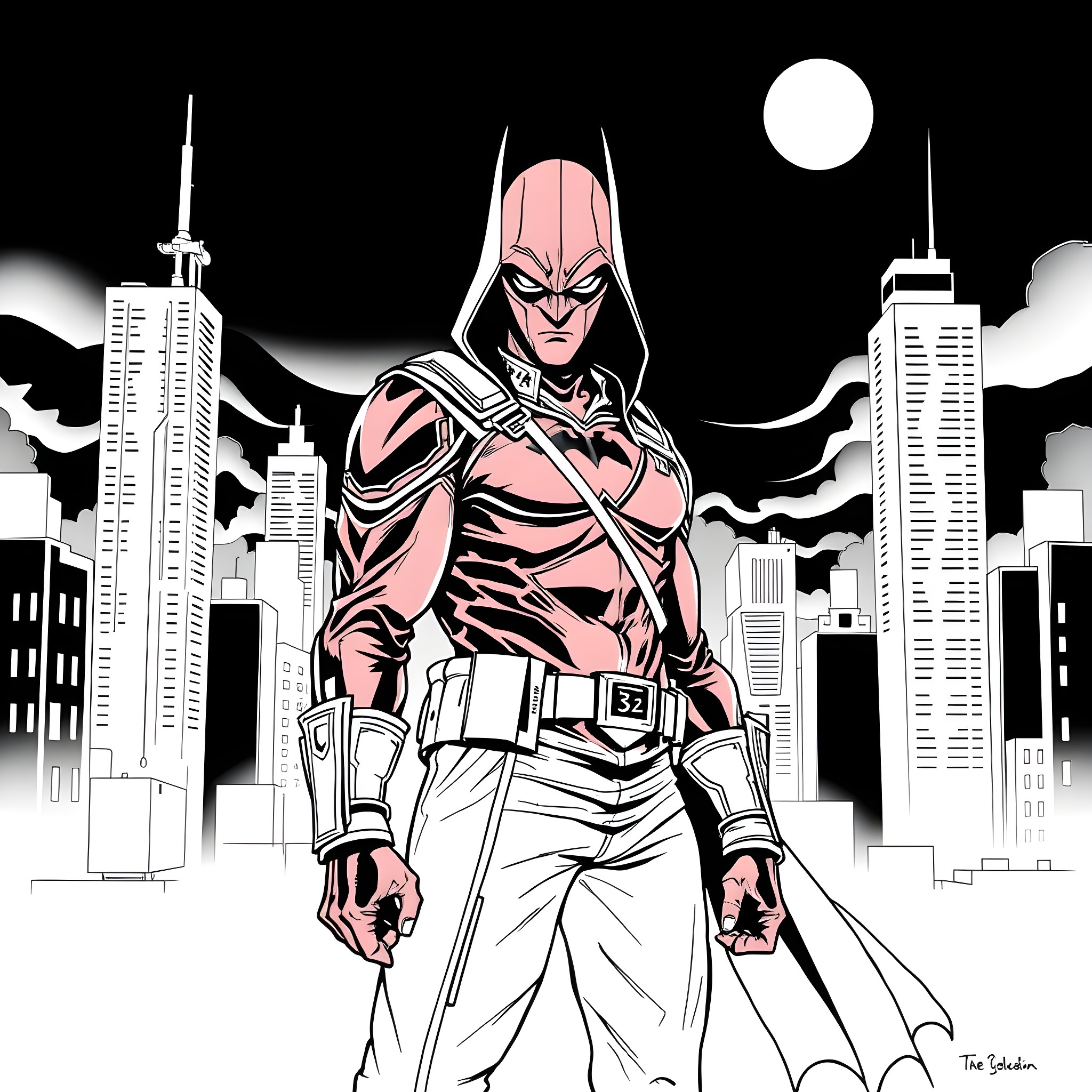 Red Hood Vigilante Surveying the City Skyline Coloring Page (free black-and-white line drawing printable PDF for all, from beginners to advanced learners, including children, teens, adults, and seniors)