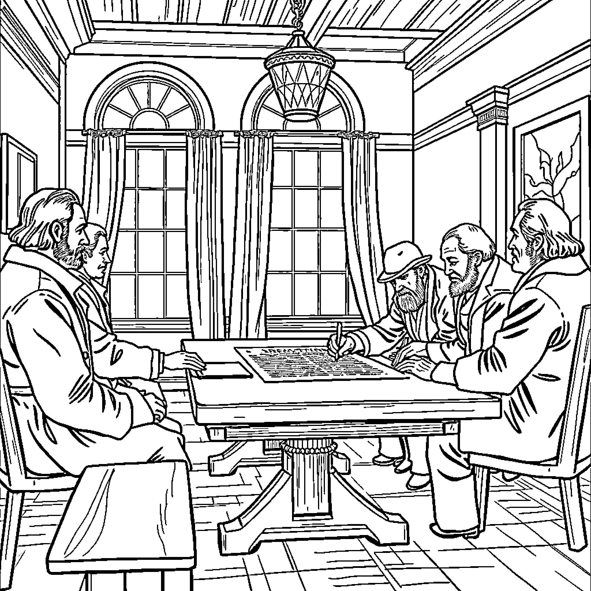 Father Discussing Important Documents with Men in Formal Attire Coloring Page (free black-and-white line drawing printable PDF for all, from beginners to advanced learners, including children, teens, adults, and seniors)
