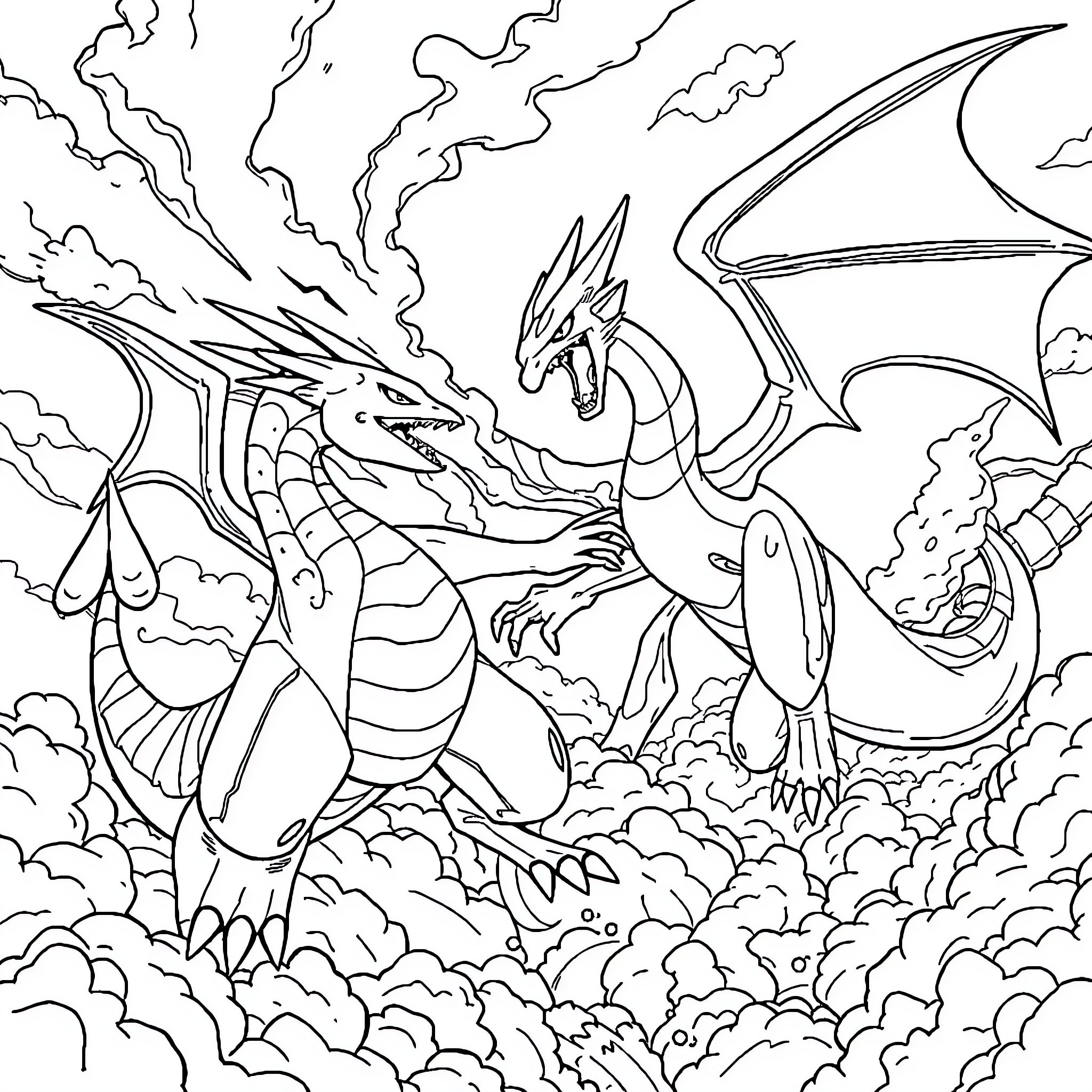 Dracaufeu in majestic flight over clouds Coloring Page (free black-and-white line drawing printable PDF for all, from beginners to advanced learners, including children, teens, adults, and seniors)