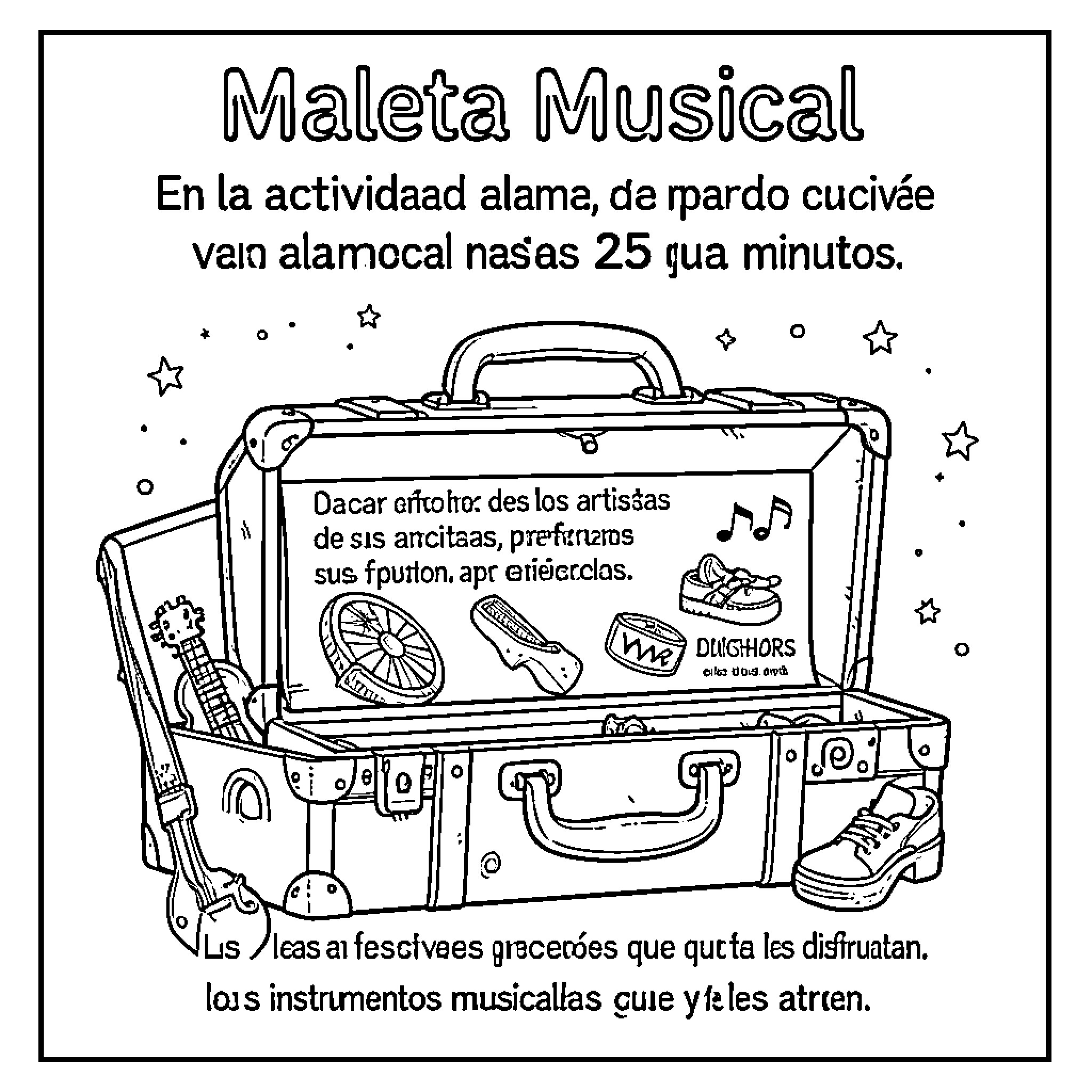 Maleta Musical containing various musical instruments and gear Coloring Page (free black-and-white line drawing printable PDF for all, from beginners to advanced learners, including children, teens, adults, and seniors)