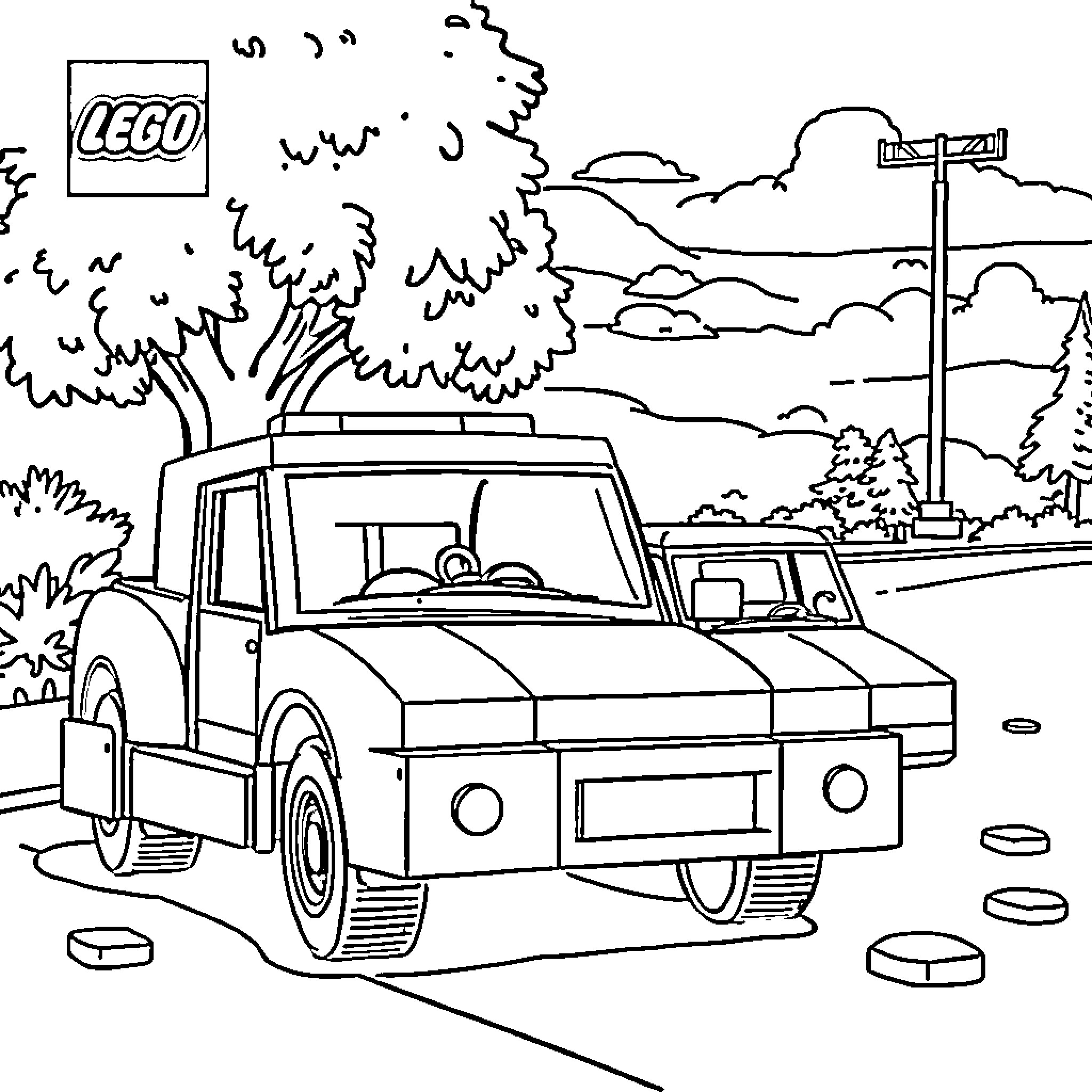 Lego Car Driving in Outdoor Scenery Coloring Page (free black-and-white line drawing printable PDF for all, from beginners to advanced learners, including children, teens, adults, and seniors)