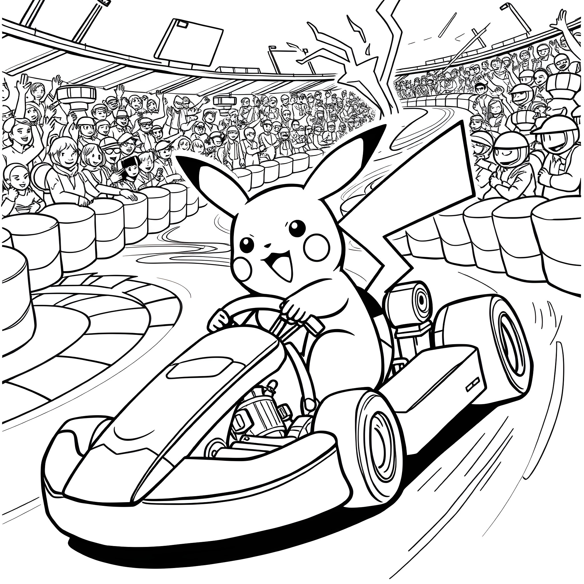Pikachu racing through a crowded stadium Coloring Page (free black-and-white line drawing printable PDF for all, from beginners to advanced learners, including children, teens, adults, and seniors)
