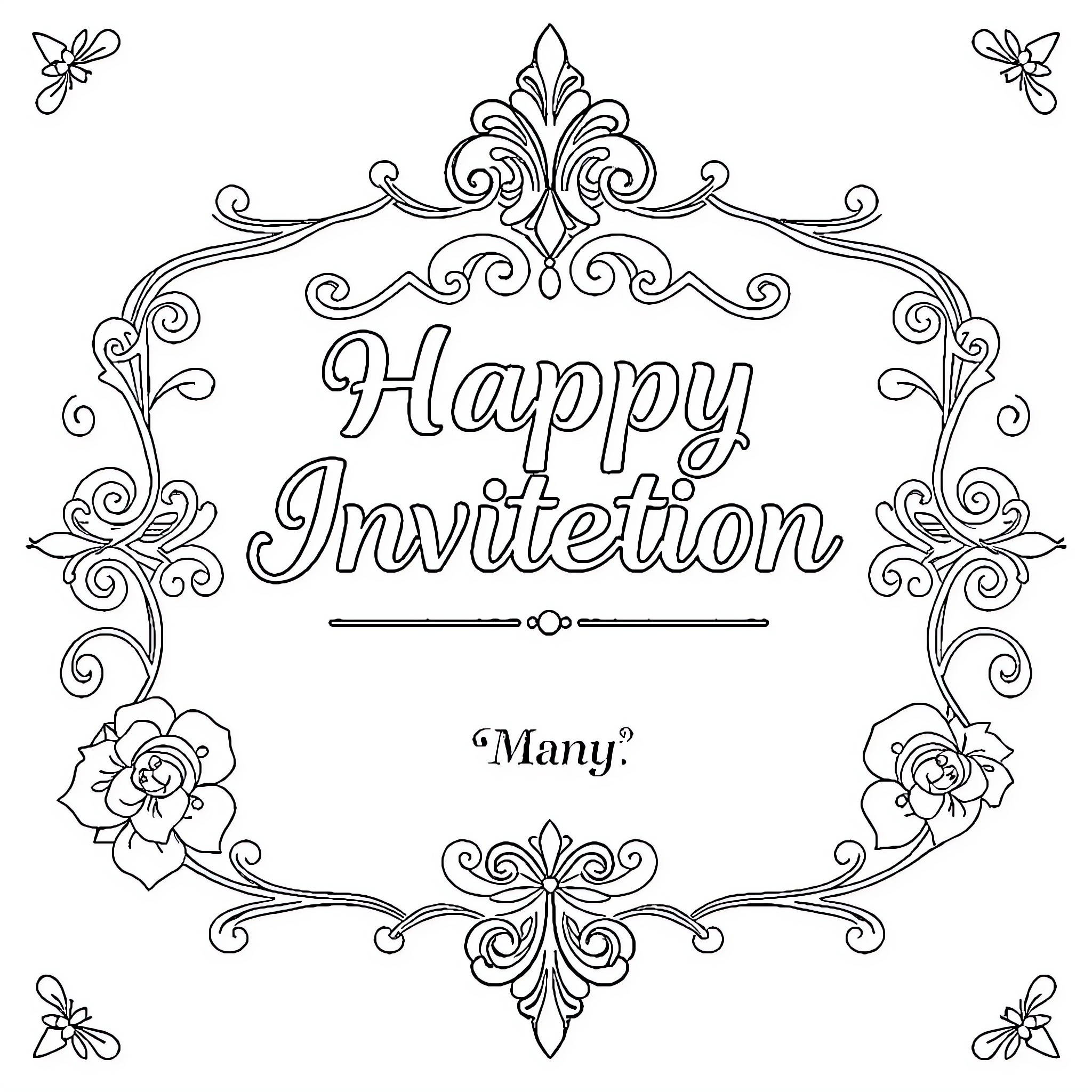 Invitation Card with Floral Ornaments and Calligraphy Coloring Page (free black-and-white line drawing printable PDF for all, from beginners to advanced learners, including children, teens, adults, and seniors)
