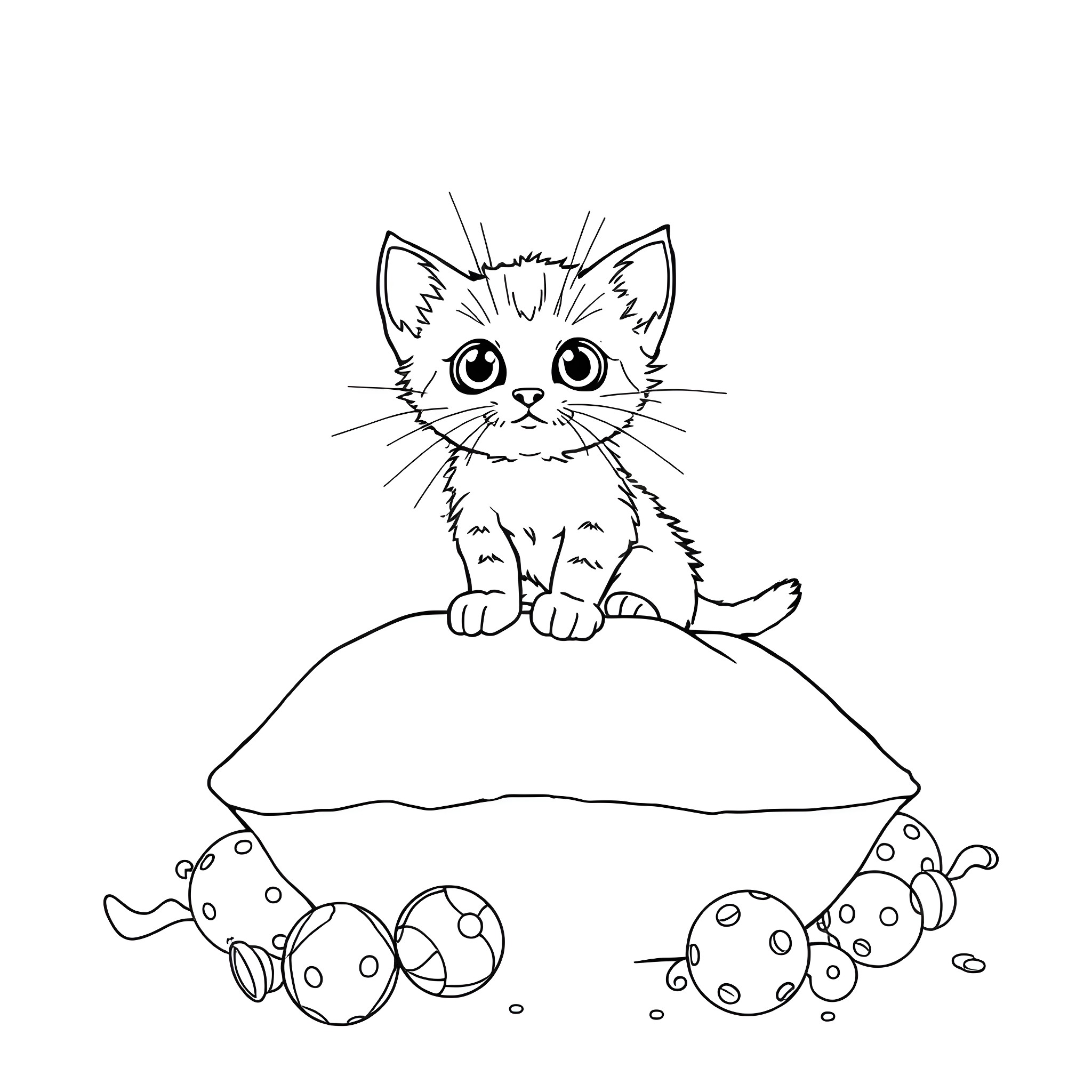 Kitten sitting on a pillow with toys Coloring Page (free black-and-white line drawing printable PDF for all, from beginners to advanced learners, including children, teens, adults, and seniors)