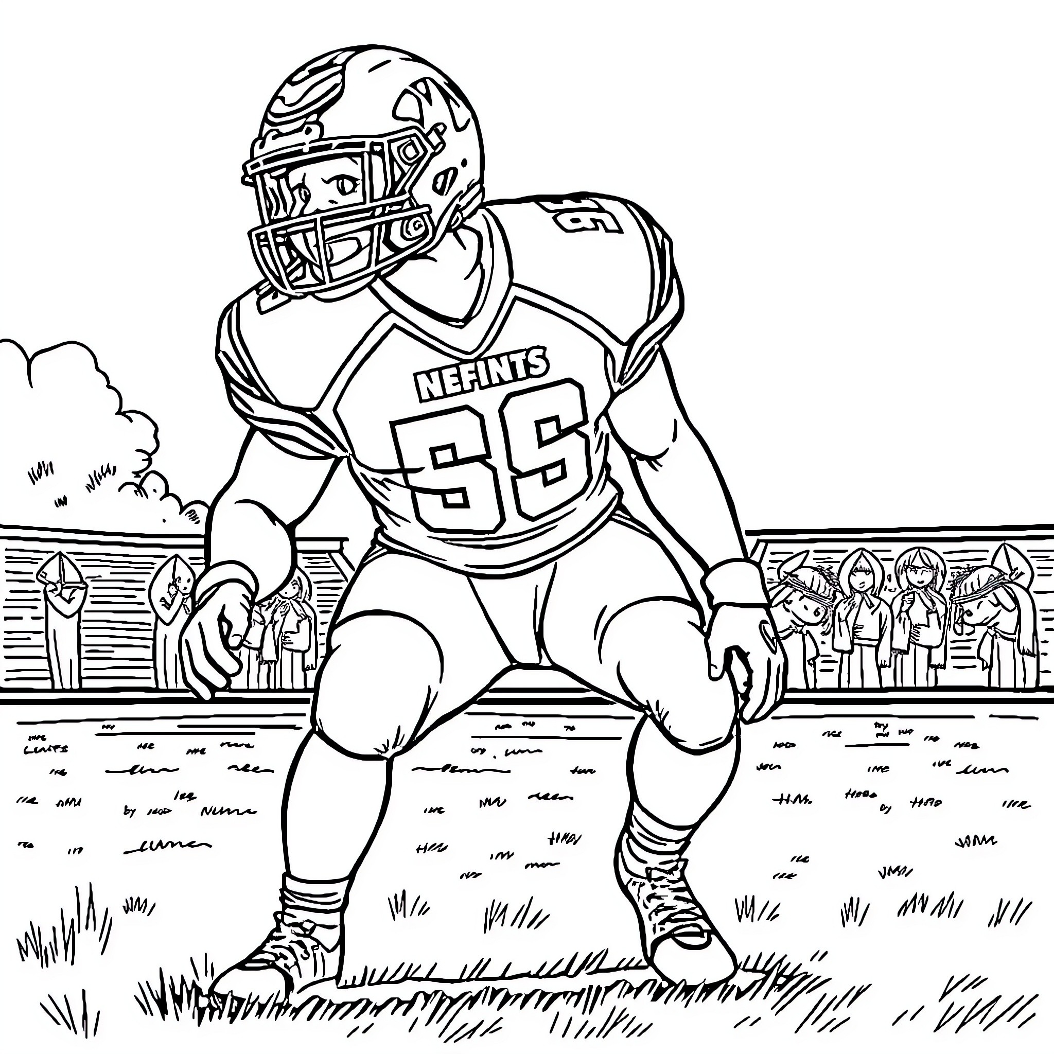 Football Player on the Field in Uniform Coloring Page (free black-and-white line drawing printable PDF for all, from beginners to advanced learners, including children, teens, adults, and seniors)