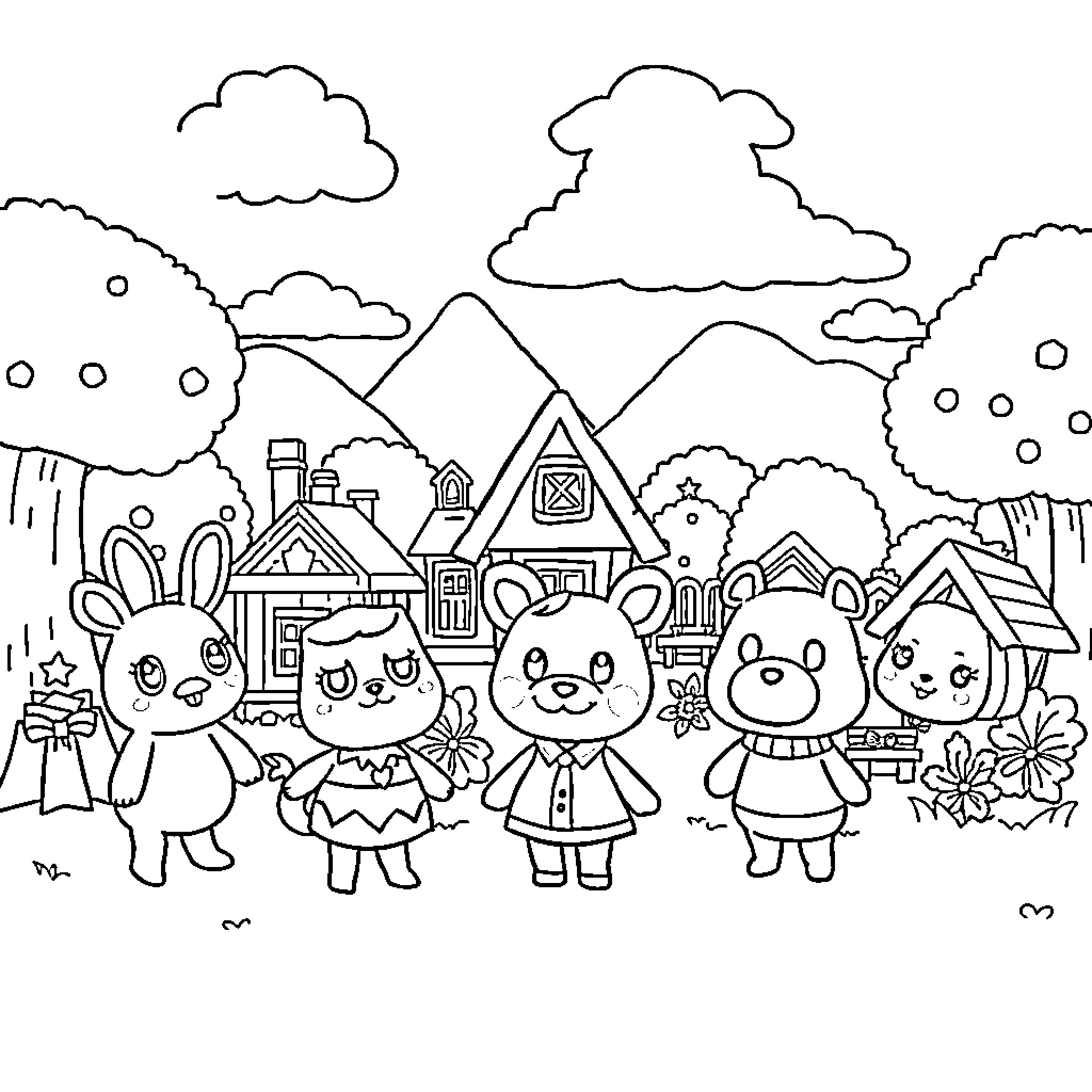 Animal Crossing Villagers Exploring Cozy Neighborhood Coloring Page (free black-and-white line drawing printable PDF for all, from beginners to advanced learners, including children, teens, adults, and seniors)
