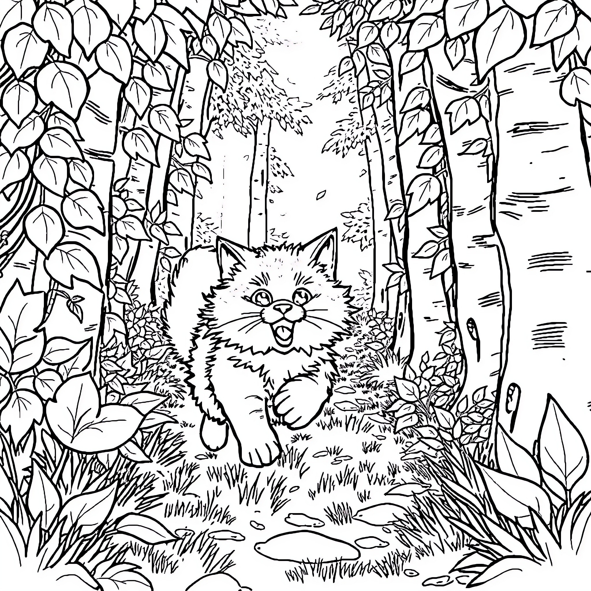 Cat exploring the enchanted forest Coloring Page (free black-and-white line drawing printable PDF for all, from beginners to advanced learners, including children, teens, adults, and seniors)