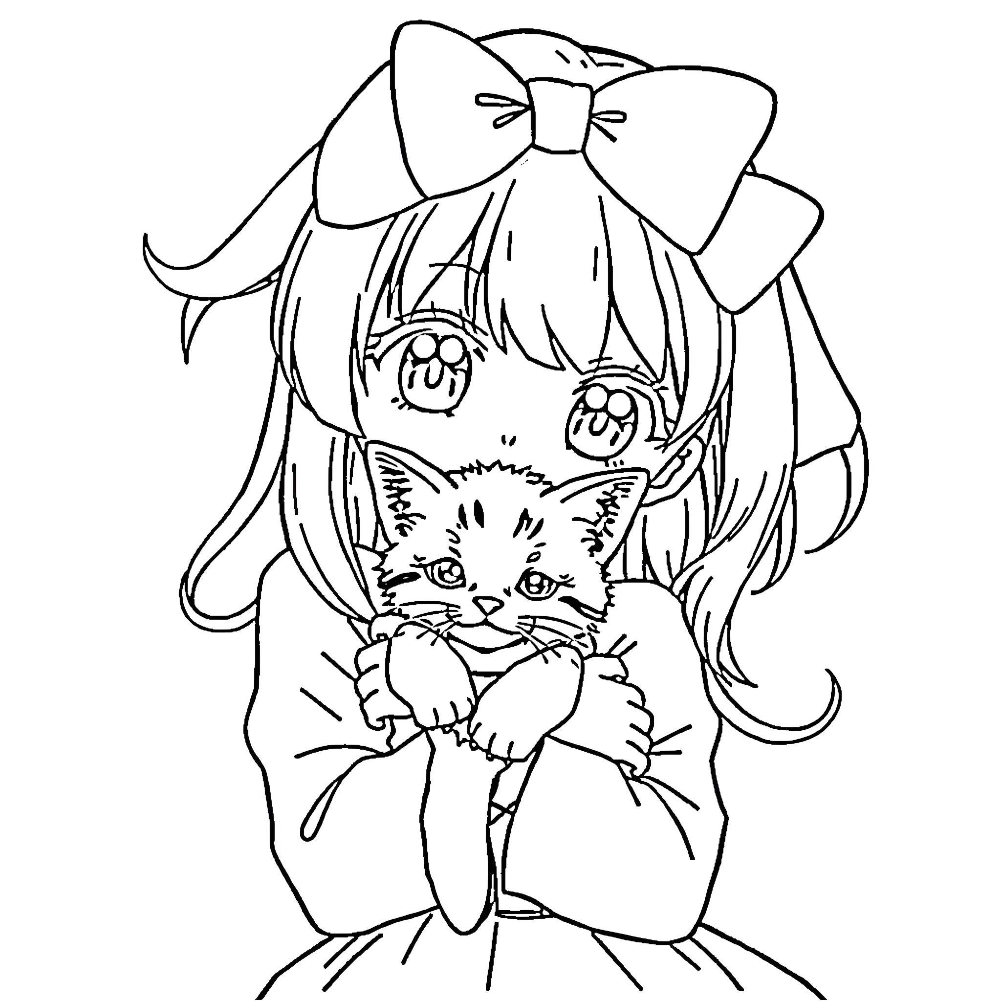 Anime Girl Holding Cute Kitten Affectionately Coloring Page (free black-and-white line drawing printable PDF for all, from beginners to advanced learners, including children, teens, adults, and seniors)