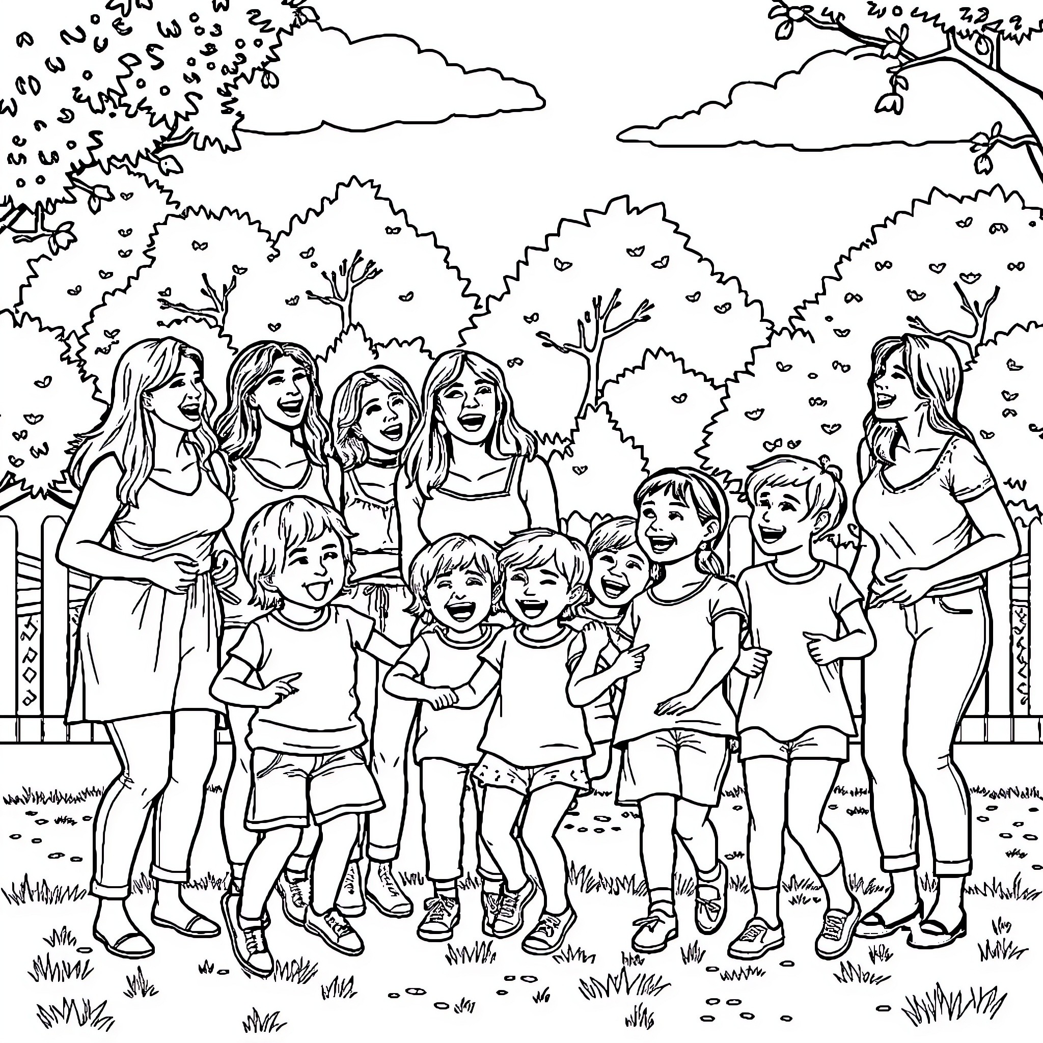 Mom's Family Outing in the Countryside Coloring Page (free black-and-white line drawing printable PDF for all, from beginners to advanced learners, including children, teens, adults, and seniors)