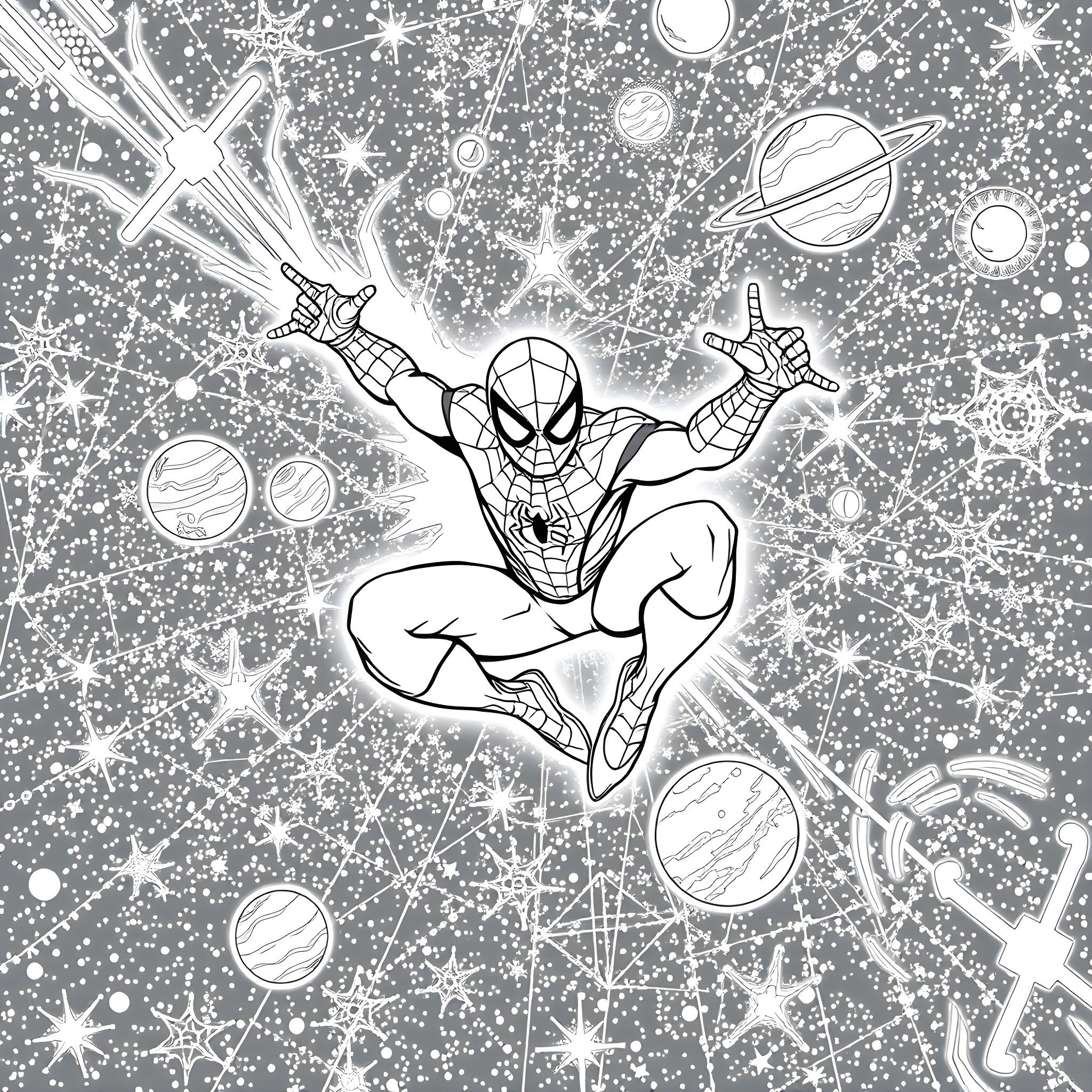 Spider-Man soaring through a starry cosmic scene Coloring Page (free black-and-white line drawing printable PDF for all, from beginners to advanced learners, including children, teens, adults, and seniors)