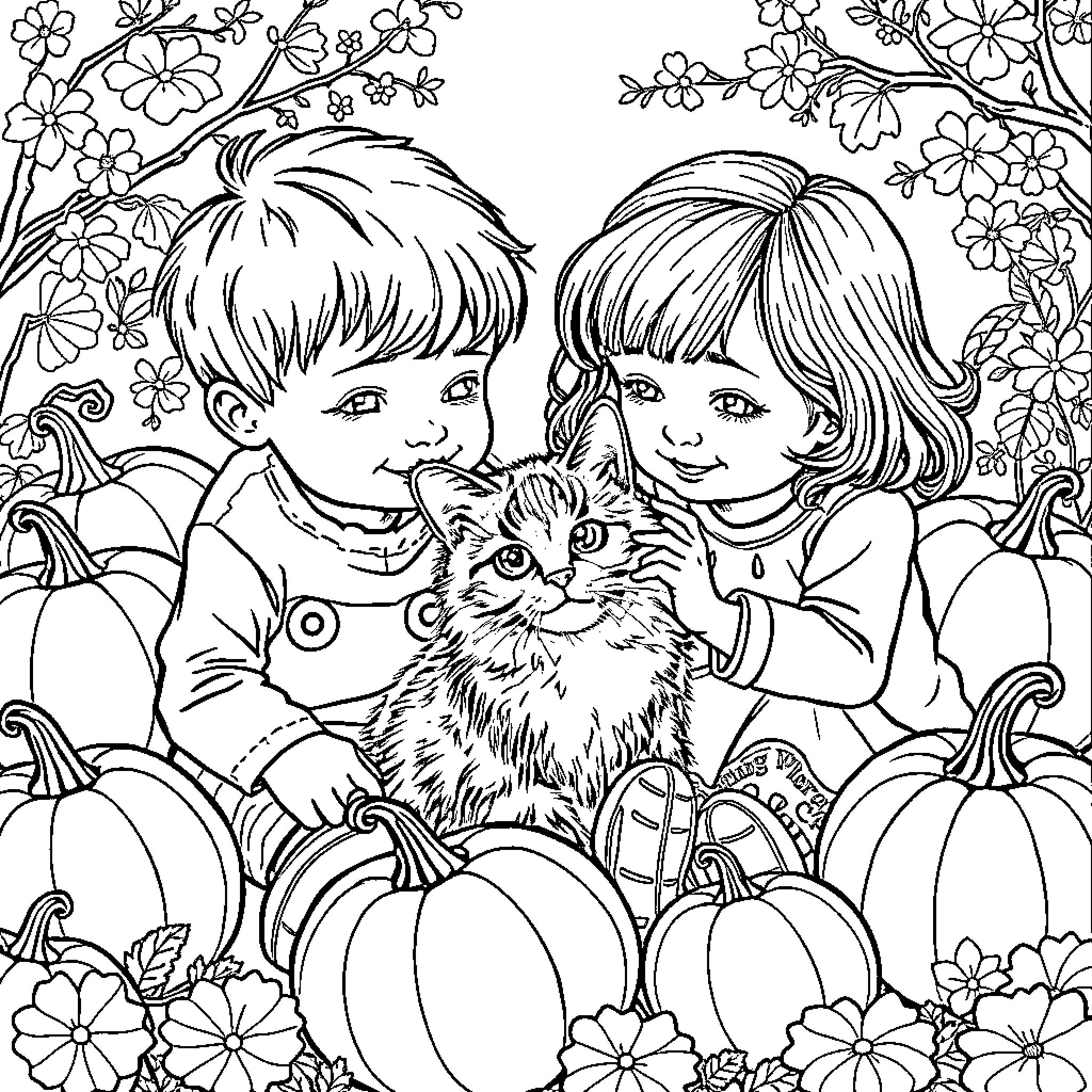 Child Playing with Kitten in Flower Garden Coloring Page (free black-and-white line drawing printable PDF for all, from beginners to advanced learners, including children, teens, adults, and seniors)