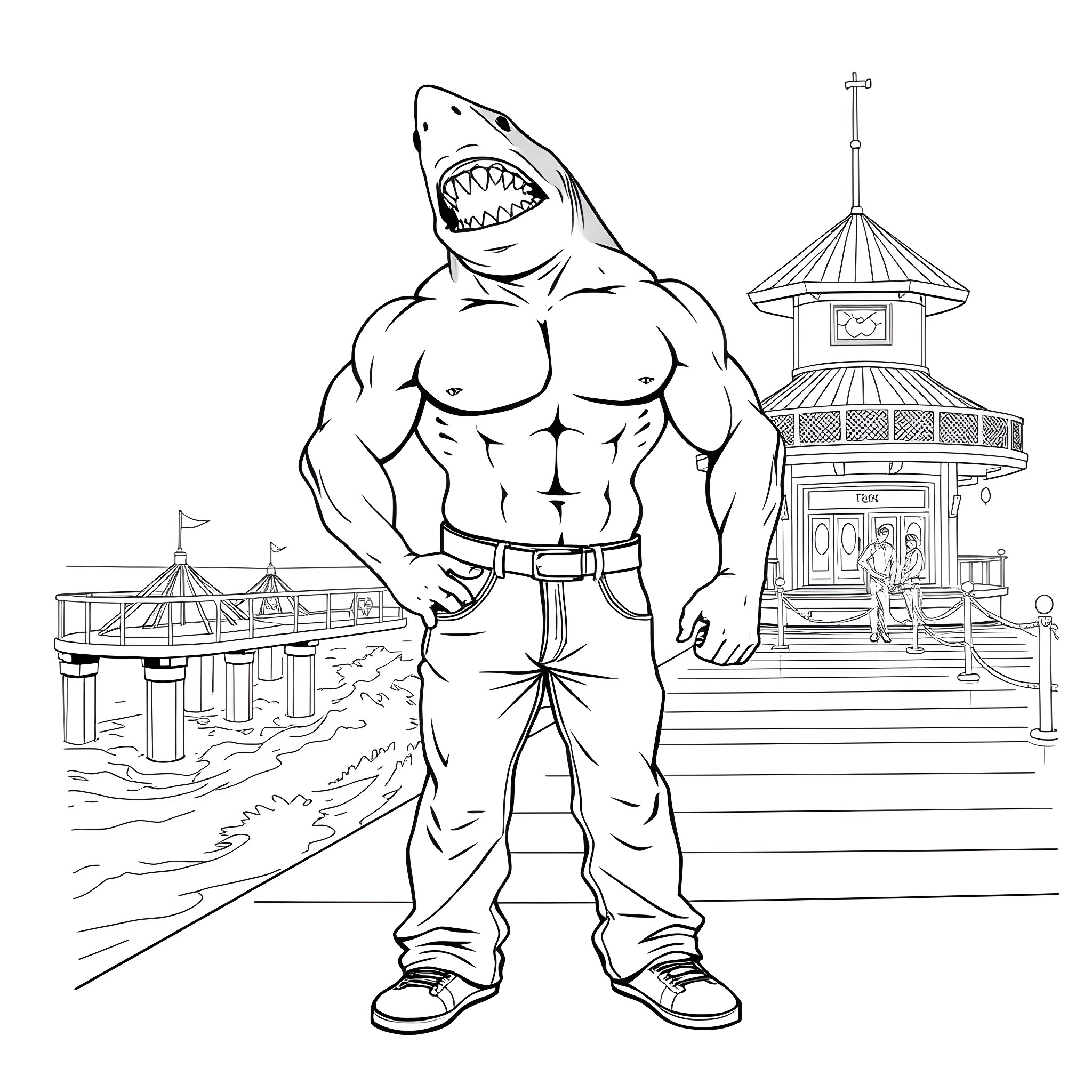 Shark-powered bodybuilder at the boardwalk Coloring Page (free black-and-white line drawing printable PDF for all, from beginners to advanced learners, including children, teens, adults, and seniors)